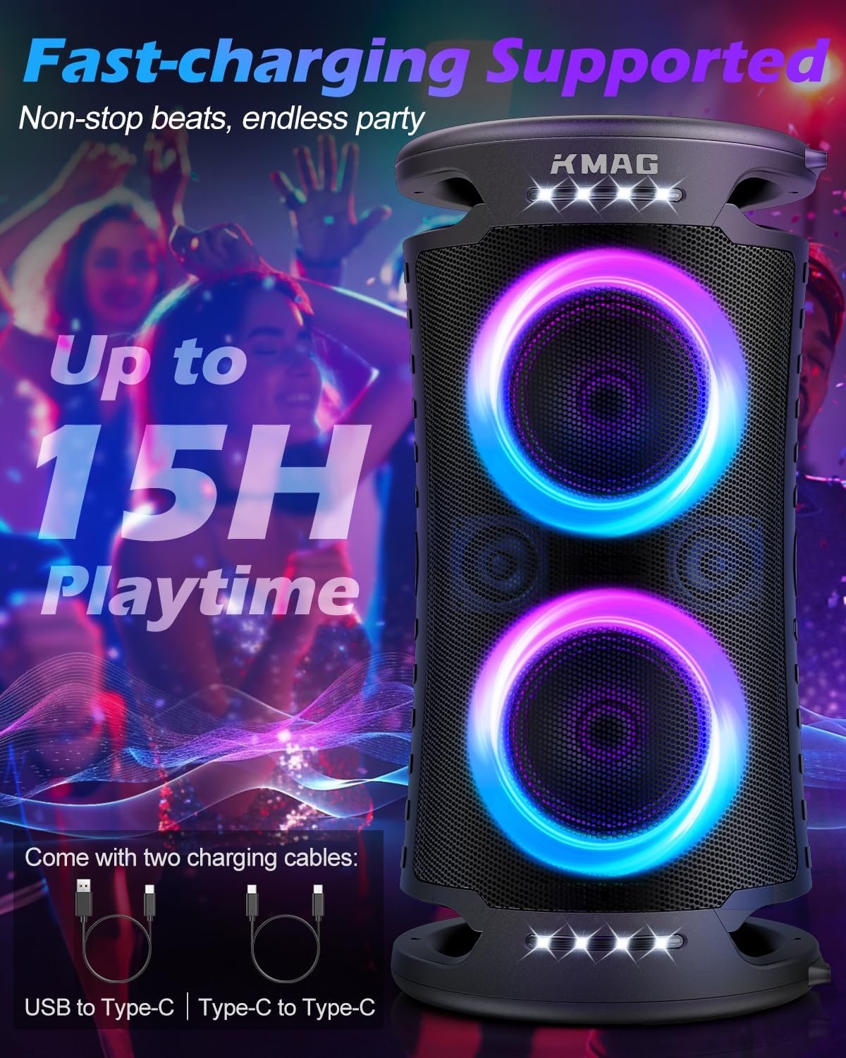 Large Party Bluetooth Speaker, 260W Peak Powerful Loud Sound with Deep Bass, 15Hr Playtime, Fast Charge, RGB Cool Light Show, TWS, Portable for Outdoor Beach, Camping, Backyard, Work, Home (Black) - Image 3