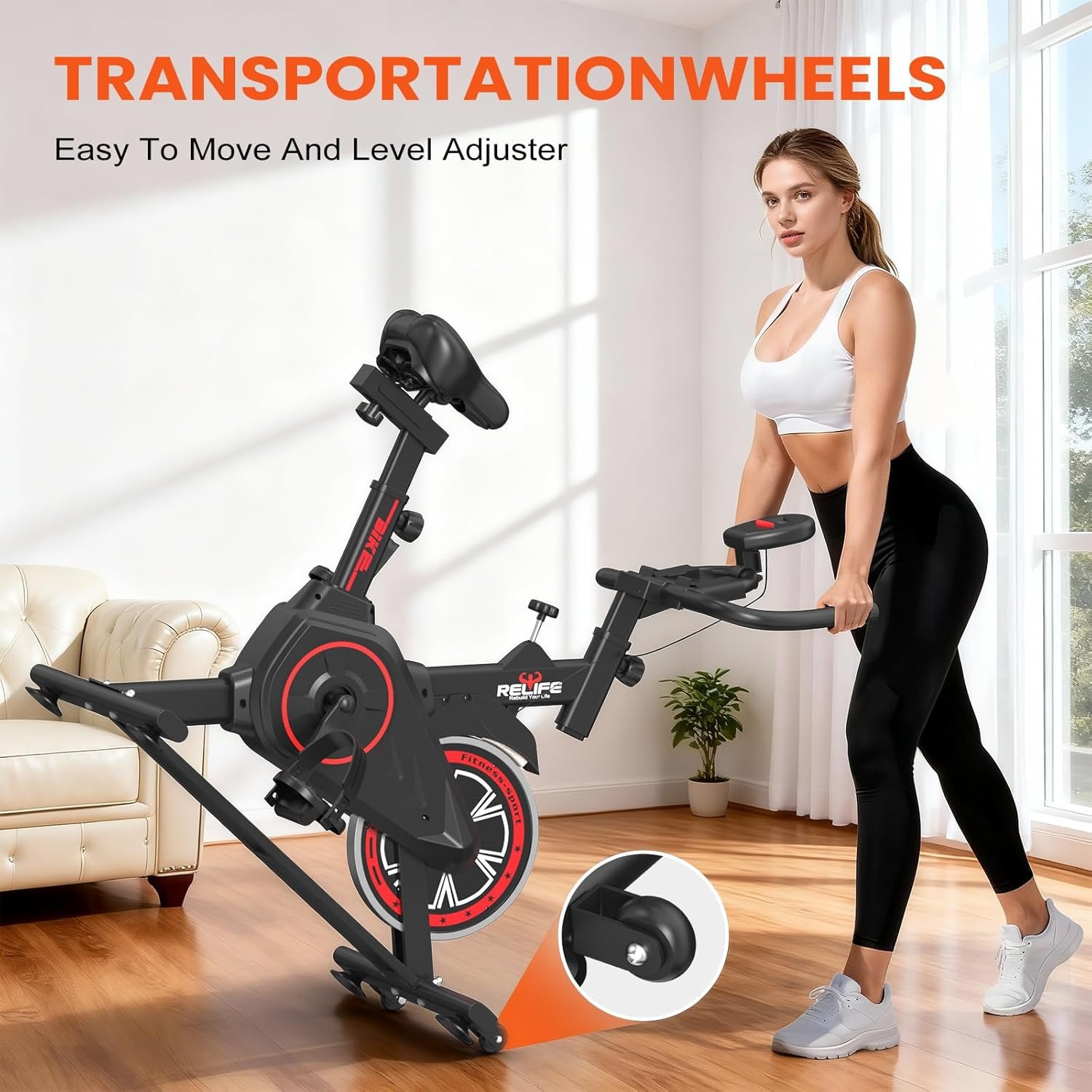 RELIFE REBUILD YOUR LIFE Exercise Bike Stationary for Home Indoor,Cycling Bike with Silent Belt Drive for Home Cardio,Brake Pad Resistance with djustable & Comfort Seat/PAD Holder/LCD Monitor. - Image 8