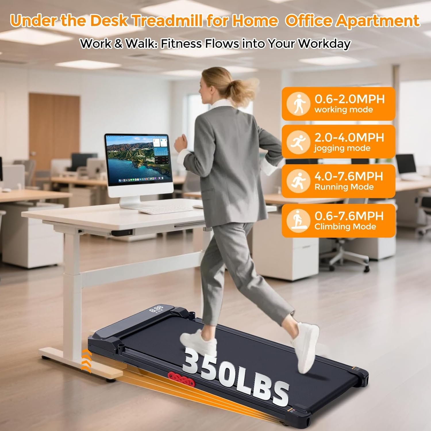 KASSADIN Walking Pad with Handle Bar, 2026 Upgrade Portable Small Treadmill with Handles for Home Small, 3.0HP Under Desk Walking Pad Treadmill with Incline, 0.6-7.6MPH, 350LBS - Image 5