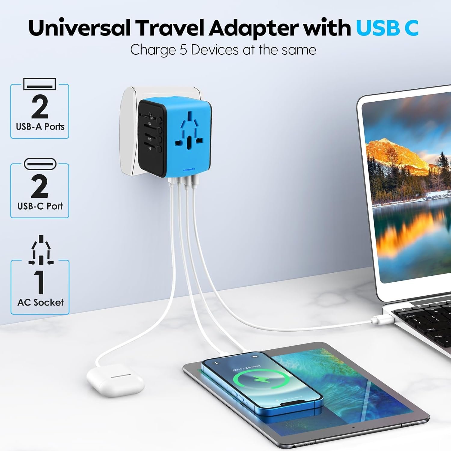 JMFONE Universal Travel Adapter, 4 USB C/A Ports & 2500W AC Outlets, All-in-One International Power Plug Adapter for All USB Devices, Worldwide Travel Charger for Europe US UK AU 200+ Countries (Blue) - Image 2