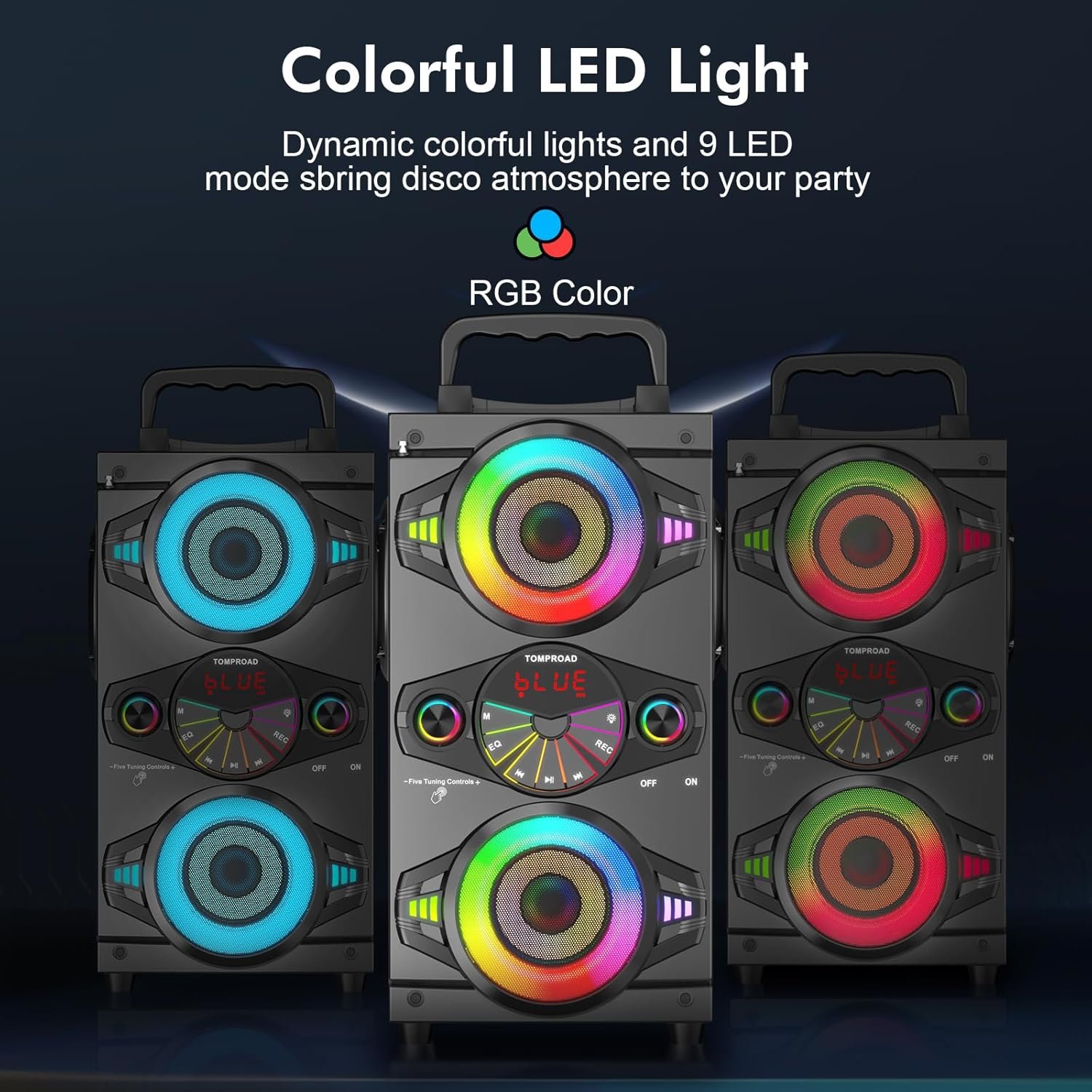 Bluetooth Speakers, 60W Portable Wireless Loud Outdoor Home Party Bluetooth Speaker with Subwoofer, FM Radio, LED Colorful Lights, Microphone, Remote and Big Powerful Stereo Deep Bass Sound Boombox - Image 3