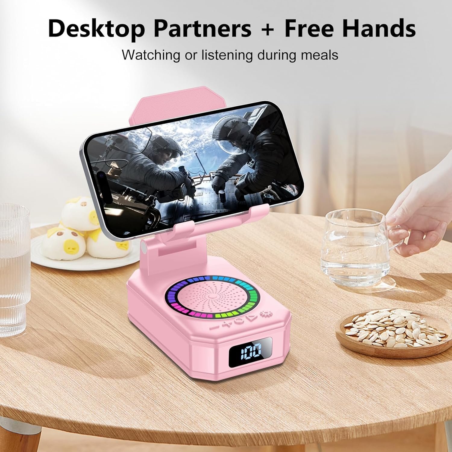 Cell Phone Stand with Wireless Bluetooth Speaker and 8 RGB Ambient Light, Anti-Slip Base HD Surround Sound, Rechargeable Home and Outdoors Bluetooth Speaker Gifts for Women Pink - Image 4