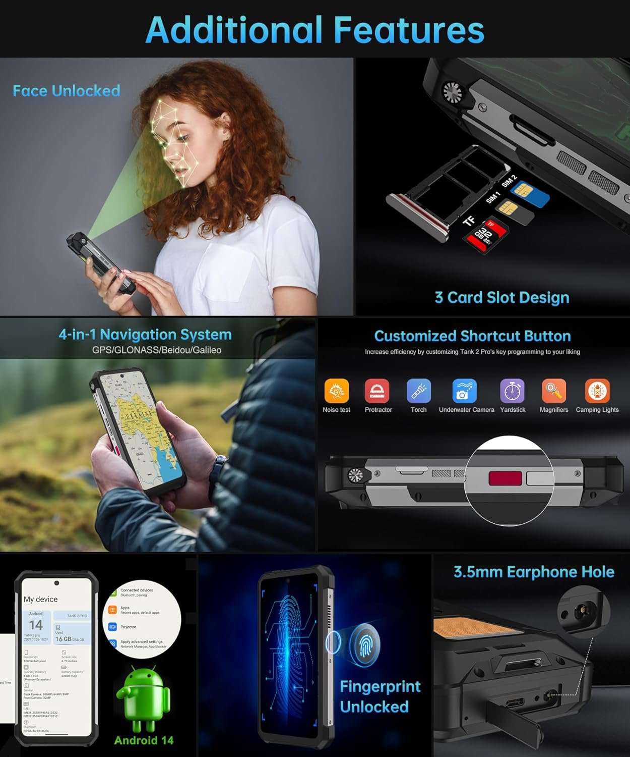 8849 Tank 2 Pro Rugged Smartphone Unlocked, 24+512GB/1TB Android 14 Rugged Cell Phone with Projector, 6.79’’ 4G Waterproof Mobile Phones 23800mAh, Fingerprint/Dual Sim/OTG/GPS/Face ID - Image 9