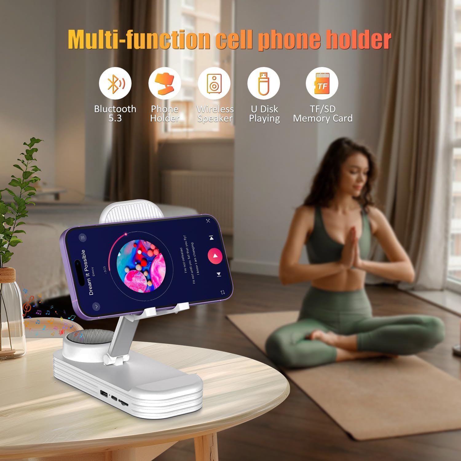 Cell Phone Stand with Wireless Bluetooth Speaker & Anti-Slip Base,HD Surround Sound,Portable Phone Stand,Suitable for Home & Outdoor,Compatible with iPhone,iPad and Samsung Galaxy(White) - Image 2