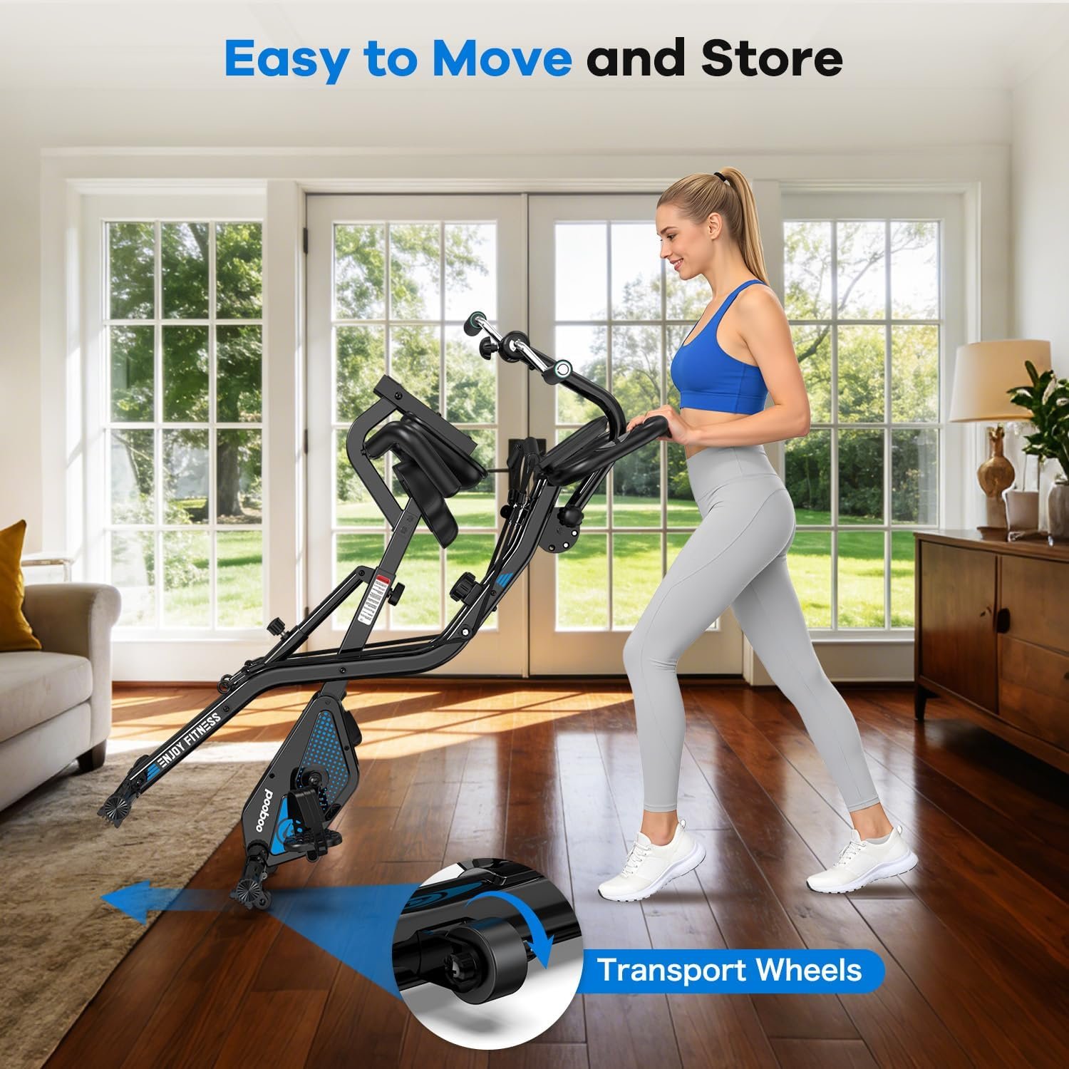 pooboo Folding Exercise Bike, Foldable Upright Stationary Bike, Indoor Cycling Magnetic X-Bike with 8-Level Adjustable Resistance, 6.6 LBS Flywheel, 300LB Capacity, Back Support Cushion for Home Gym - Image 8