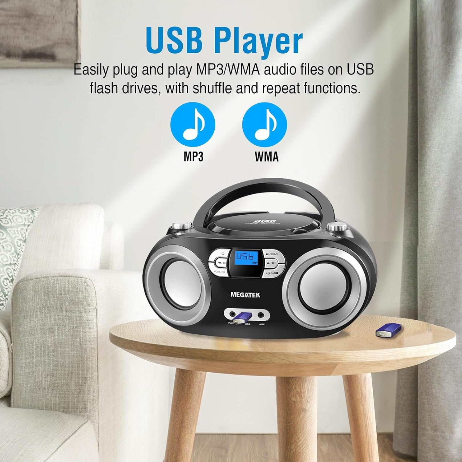 MEGATEK Portable CD Player Boombox with FM Radio, Bluetooth, USB Port, AUX Input, and Headphone Jack – CD-R/CD-RW/MP3-CD Compatible, Clear Stereo Sound, Backlit LCD Display – Black - Image 8