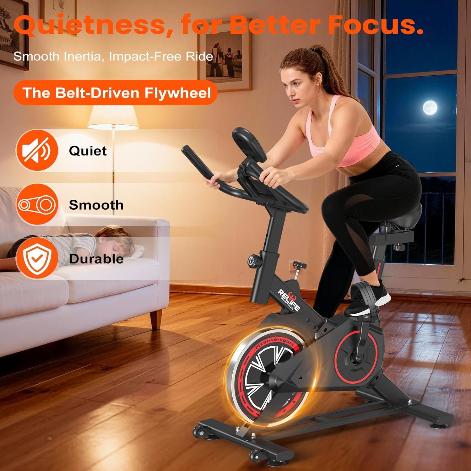 RELIFE REBUILD YOUR LIFE Exercise Bike Stationary for Home Indoor,Cycling Bike with Silent Belt Drive for Home Cardio,Brake Pad Resistance with djustable & Comfort Seat/PAD Holder/LCD Monitor. - Image 3