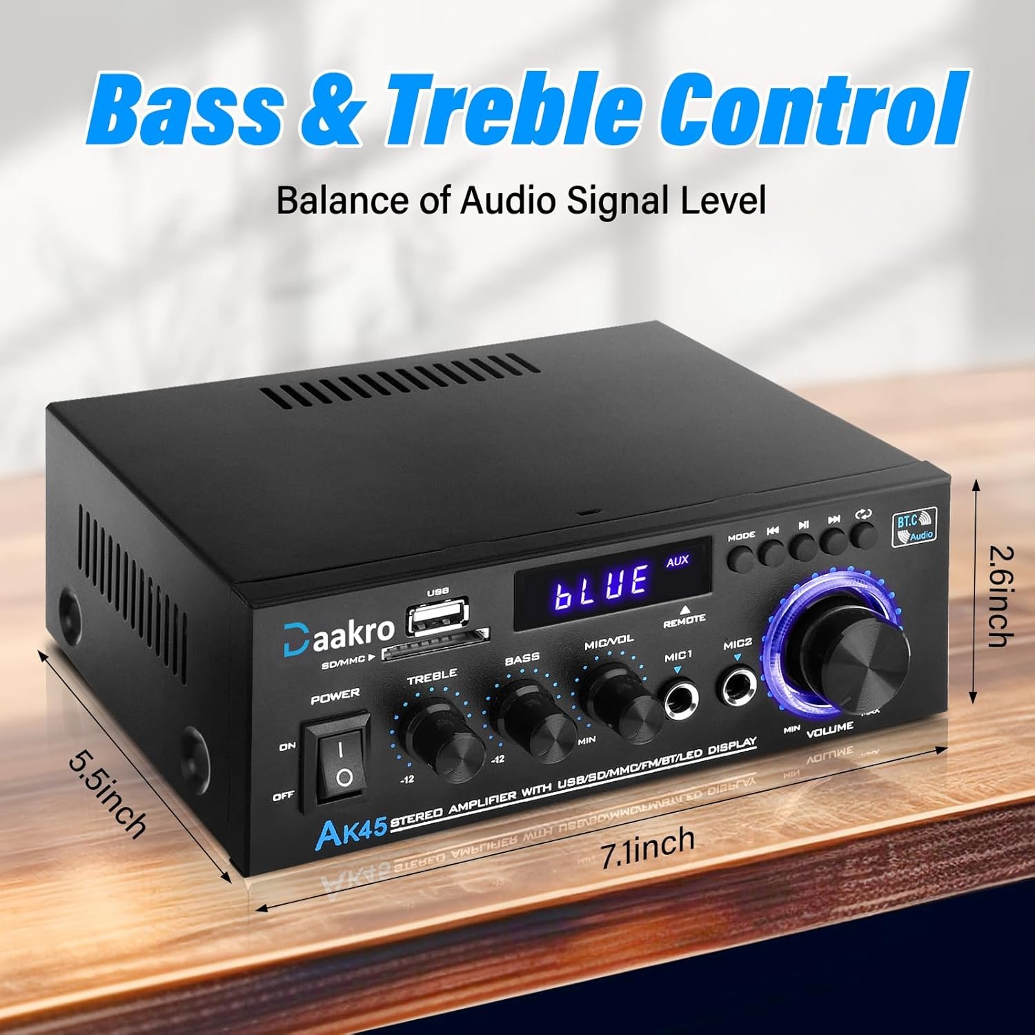 Daakro AK45 Stereo Audio Amplifier,300W Home 2 Channel Wireless Bluetooth 5.0 Power Amplifier System, Home Amplifiers FM Radio, USB, SD Card, with Remote Control Home Theater Audio Stereo System - Image 6