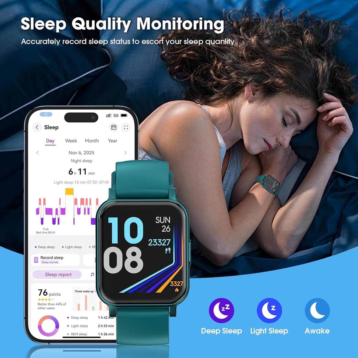 Fitness Tracker, Fitness Watch with Blood Oxygen, Heart Rate Monitor, Steps Calories Counter, Sleep Monitor, Pedometer IP68 Waterproof, Smart Watch for Android iPhones - Image 3