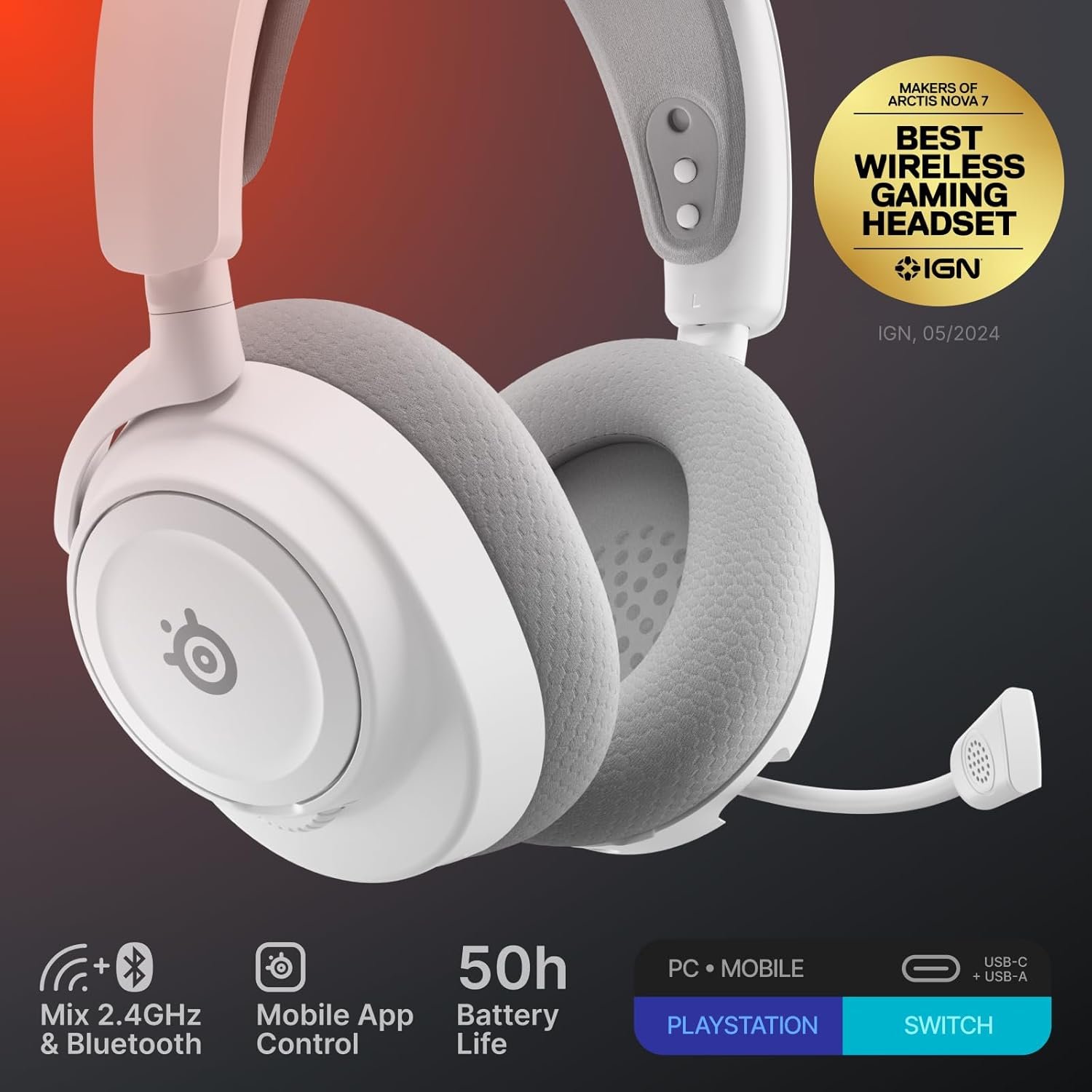 SteelSeries Arctis Nova 7 Wireless Gen 2 Gaming Headset - Real-Time App Control, 50+ HR Play, Neodymium Drivers, Mix 2.4GHz/Bluetooth, PC, PS5, PS4, Switch 1/2, Mobile - White - Image 2