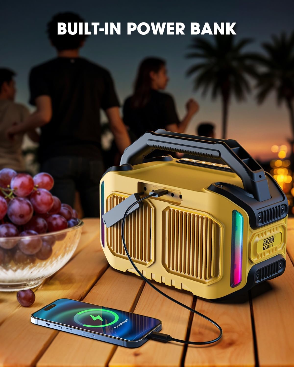 ANCOON Speakers Bluetooth Wireless: 80W(Peak) Loud Speaker with Bass, 20H Playtime, IPX6 Waterproof, Large Jobsite Speakers for Work, Outdoor, Workshop, Garage, Portable Speaker with TWS (Yellow) - Image 7