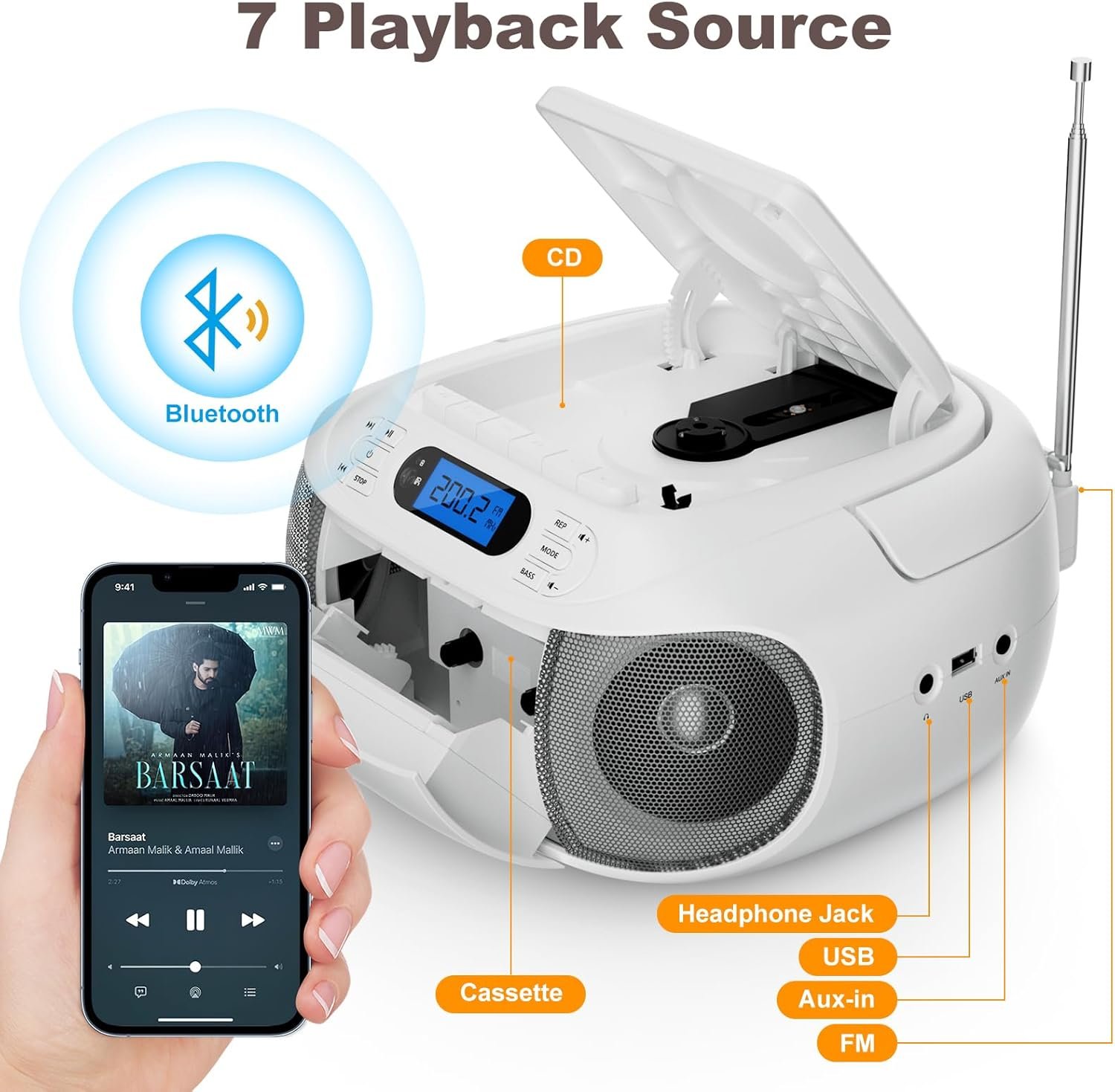 CD Cassette Player Combo, Hernpark Rechargeable Boombox with Bluetooth 5.1, CD Player with Remote Control, Tape Recording, FM Radio, Super Bass, Stereo Sound, Aux/USB Drive, Headphones Jack -White - Image 6