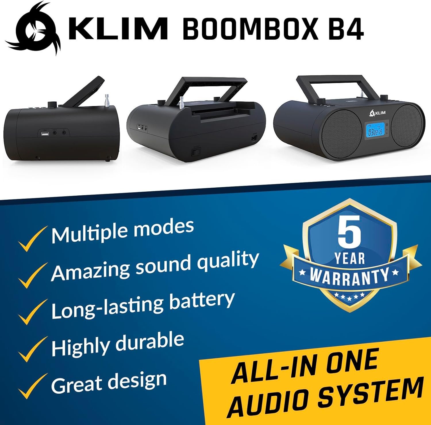 KLIM Boombox B4 CD Player Portable Audio System - New - AM/FM Radio with CD Player MP3 Bluetooth AUX USB - Wired & Wireless Mode Rechargeable Battery - Remote Control Autosleep Digital EQ - Image 2