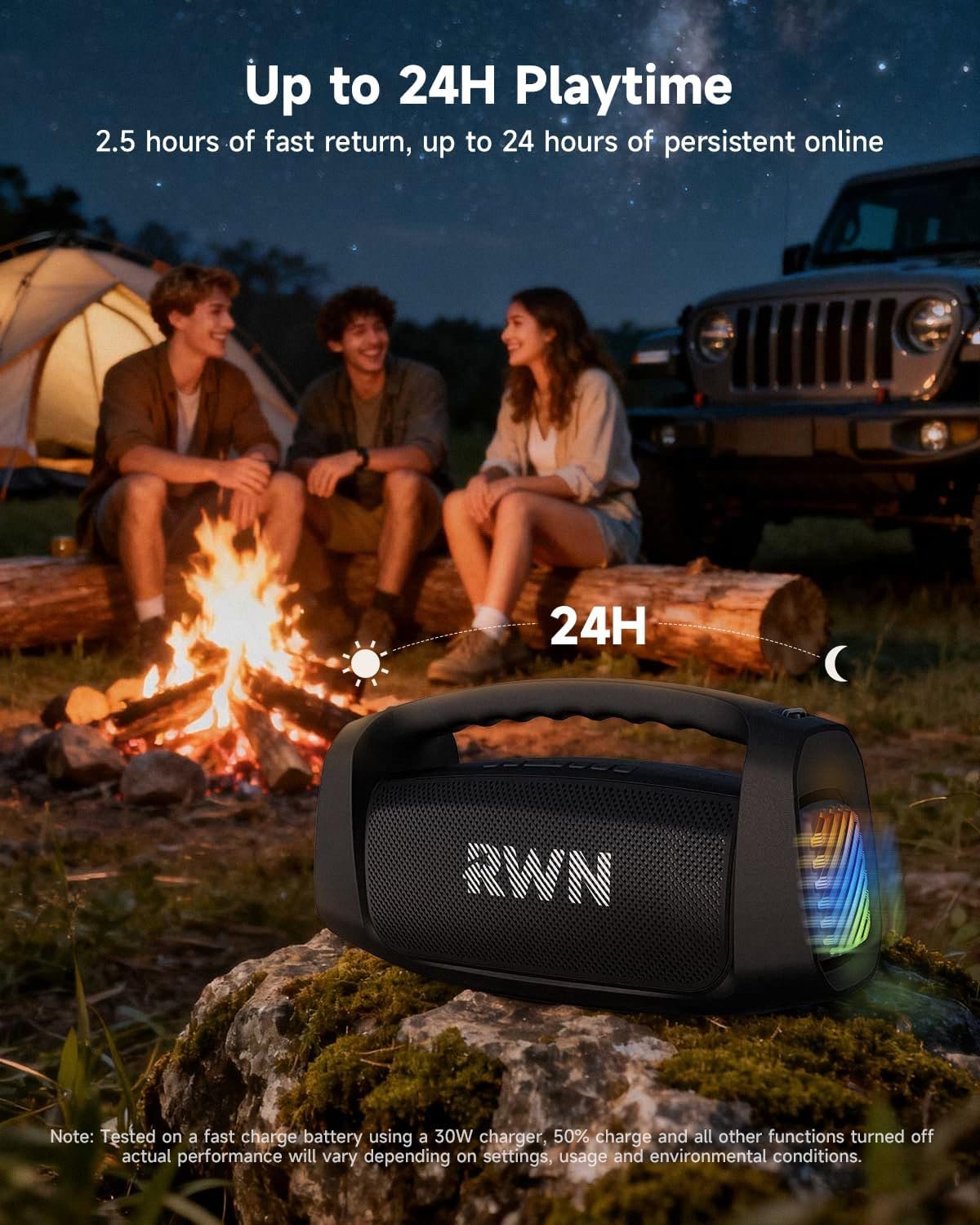 RWN Outdoor Bluetooth Speaker: 160W Loud Sound, IP67 Waterproof with 24H Playtime, Fast Charge, Bass, TWS, Portable Wireless Speakers with Light Show for House, Party, Projector, Beach (Black) - Image 5