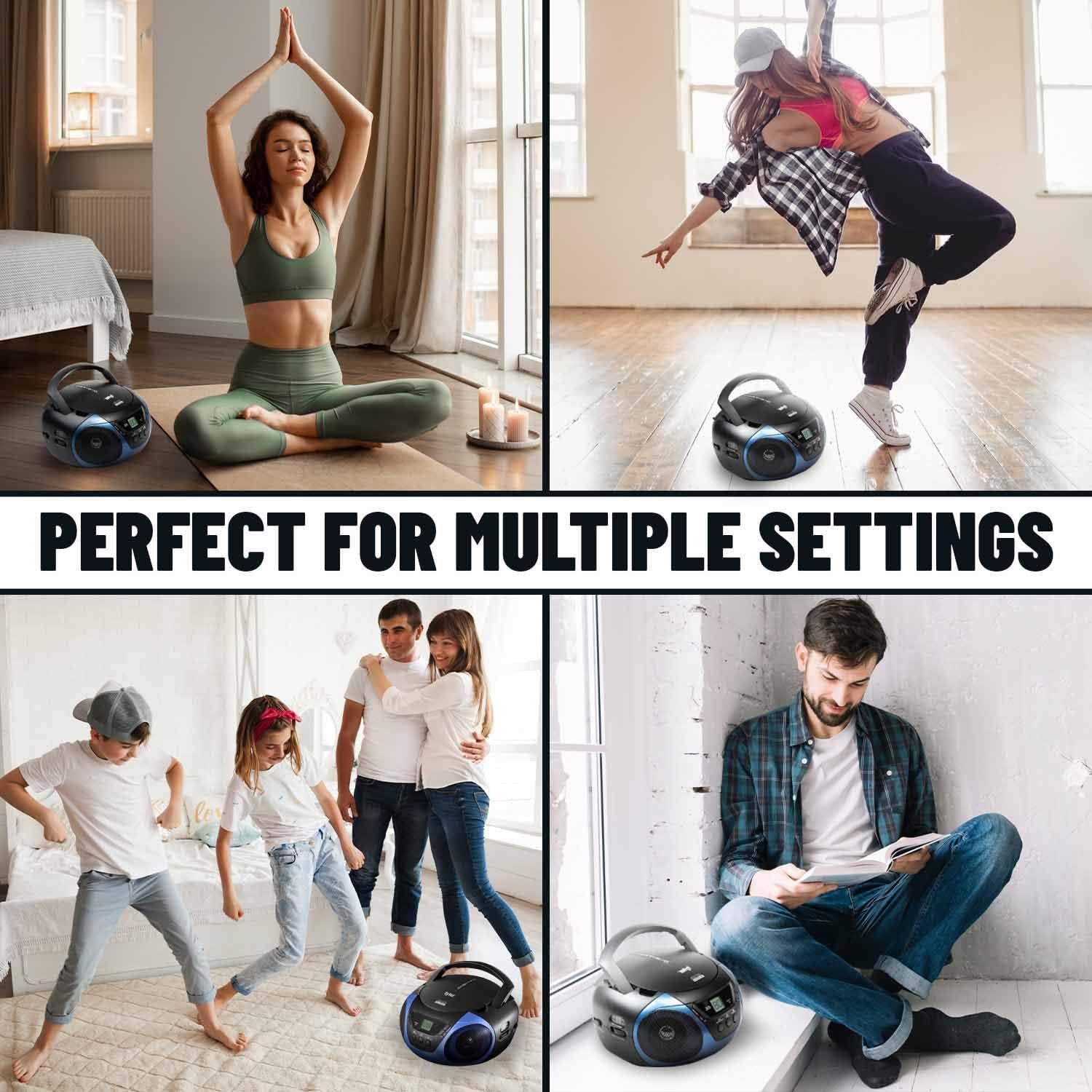 Tyler Portable Boombox CD Player AM/FM Radio Combo, Dynamic Boom Box CD Players for Home/Outdoor Portable Stereo with Speakers, Long Antenna for Best Reception Aux Input/3.5mm Headphone Jack, Blue - Image 6
