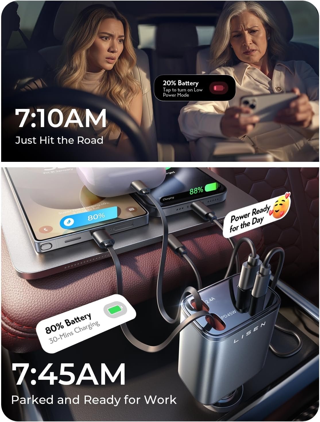 LISEN Retractable Car Charger, Upgrade 84W Car Charger USB C Fast Charge Unique 2026 Car Accessories for Mom Dad Him Her, Gifts for Men Women, for iPhone 17 16 15 14 13 12 11 X - Image 5
