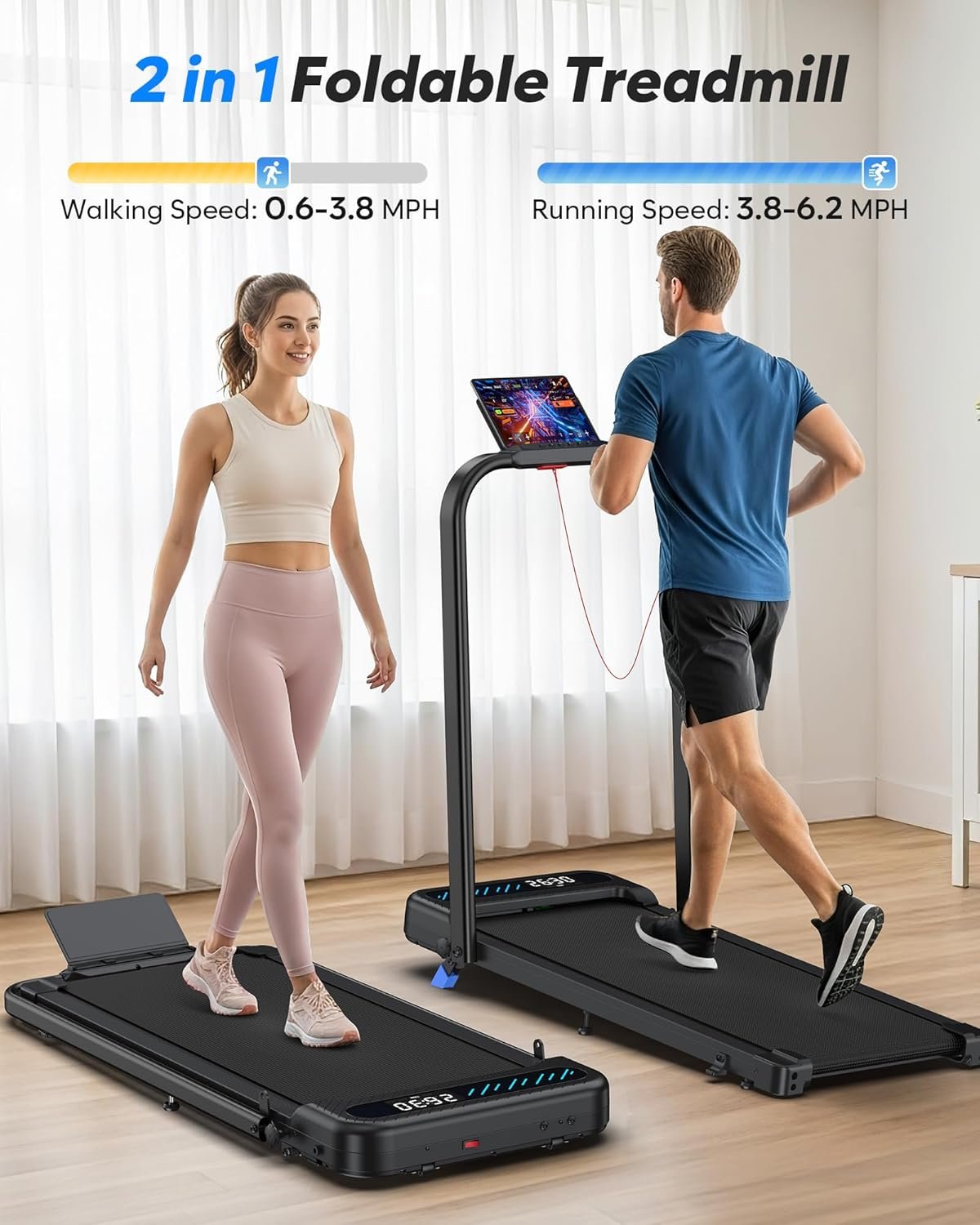 Cardirun Foldable Treadmill with Incline, Compact Walking Pad Treadmill with Safety Handle Bar, 3.0HP Quiet Under Desk Treadmills for Home/Office, 350 LBS Capacity, APP & Remote Control, Black - Image 2