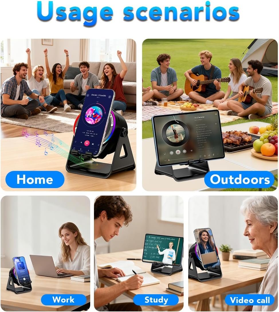 Bluetooth Speaker, 4-in-1 Wireless Induction Speaker & RGB Light Stand Multi-Functional Phone Stand Instant-Connect Stereo Sound, 360° Adjustable Holder for iPhone/Android/iPad/Samsung (Black) - Image 7