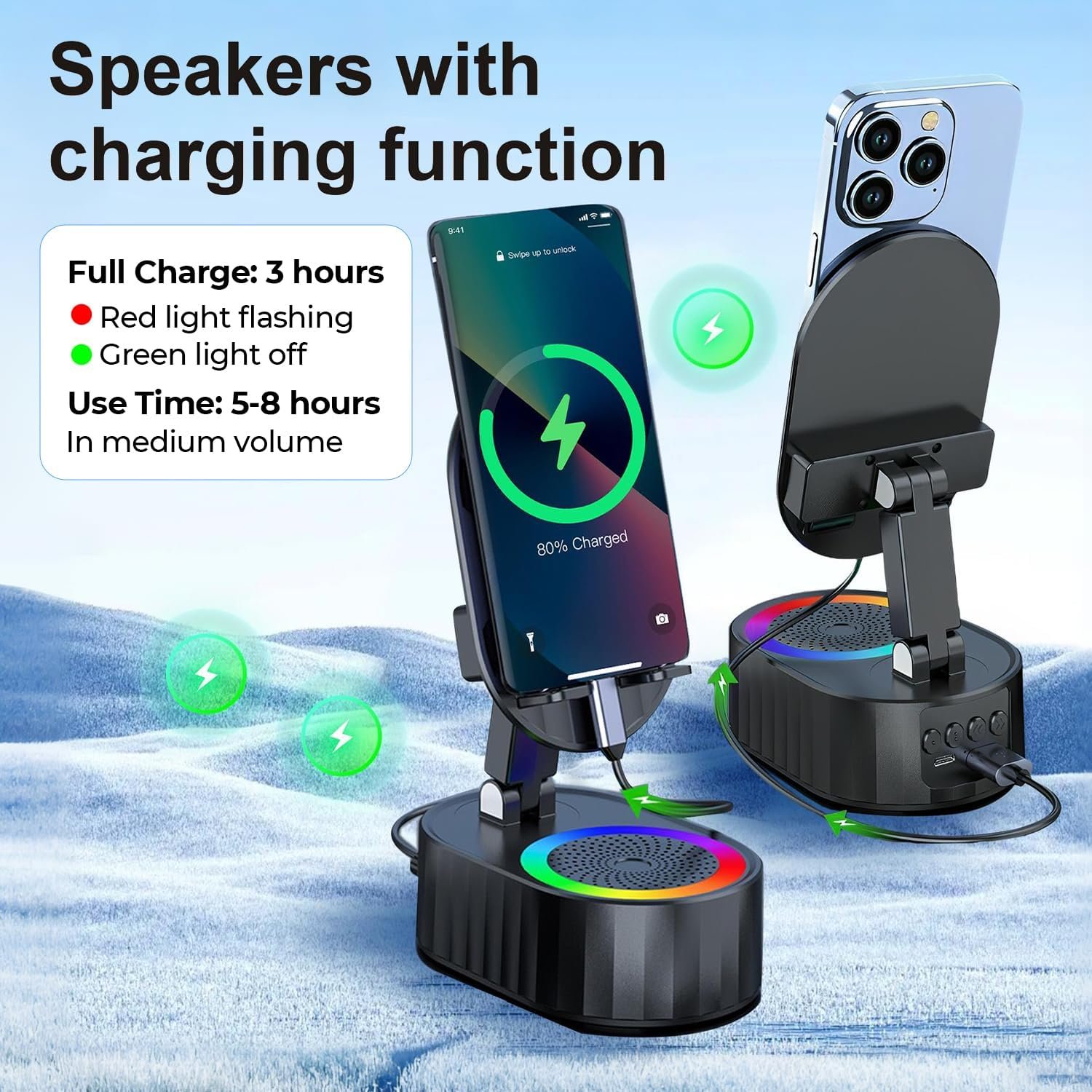 AKLLCCR Wireless Induction Audio Bluetooth Speaker 5in1 Phone Holder Emergency Rechargeable (3000mAh) with Colorful Ambient Light 300° Foldable for Tablet iPhone Android, Gifts for Men Women (Black) - Image 4