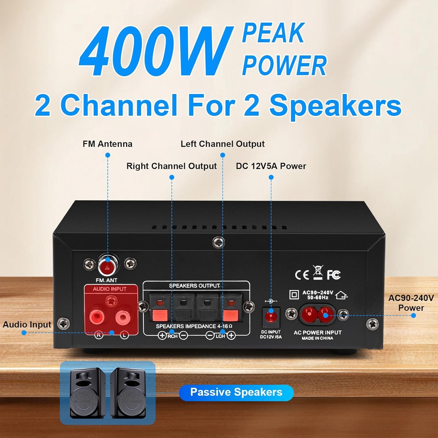 Stereo Audio Amplifier 2025 Upgraded AK45 Bluetooth Receiver for Home Stereo, 400W 2 Channel Wireless Bluetooth 5.0 Power Amplifier System with FM Radio, USB, SD Card, and Remote Control - Image 3