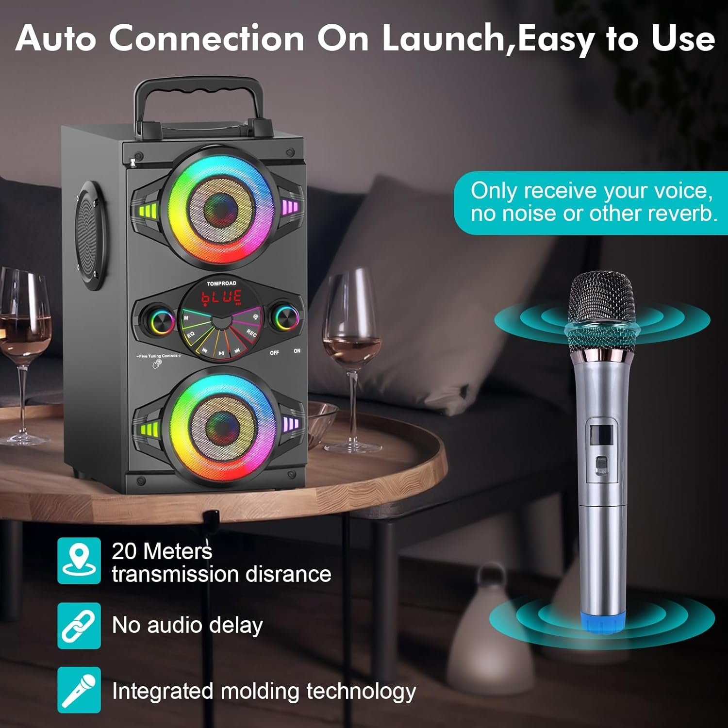 Bluetooth Speakers, 60W Portable Wireless Loud Outdoor Home Party Bluetooth Speaker with Subwoofer, FM Radio, LED Colorful Lights, Microphone, Remote and Big Powerful Stereo Deep Bass Sound Boombox - Image 5