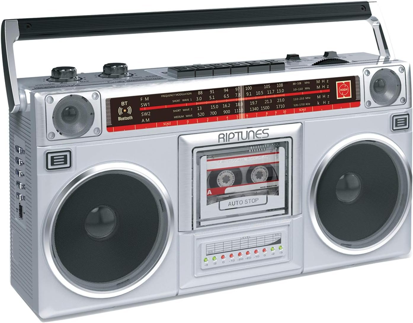 RIPTUNES Boombox Radio Cassette Player Recorder, AM/FM -SW1/SW2 Radio, Wireless Streaming, USB/Micro SD Slots, Aux in, Headphone Jack, Convert Cassettes to USB/SD, Classic 80s Style Retro, Silver - Image 9