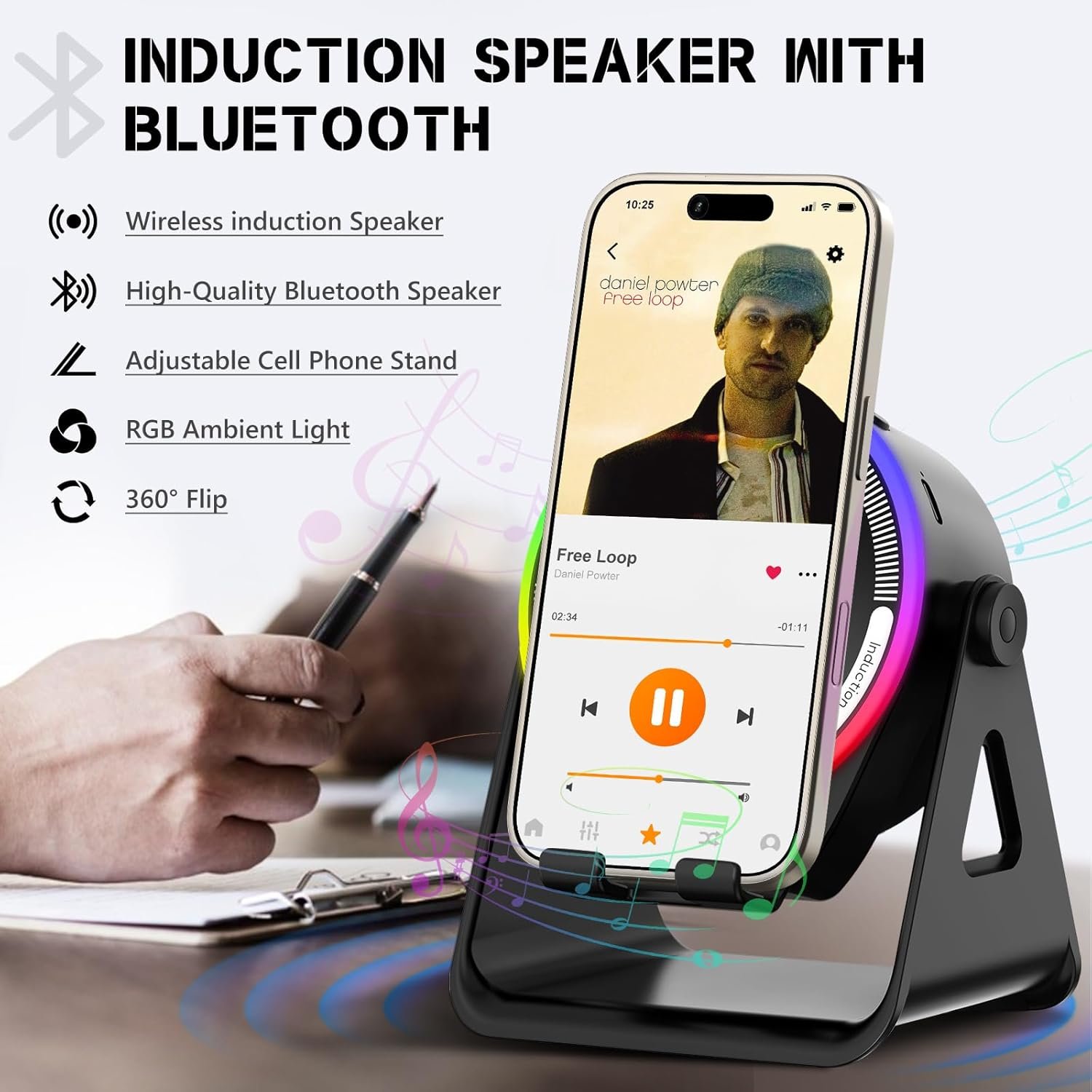 Wireless Induction Speaker, 5-in-1 Bluetooth 5.3 Phone Stand with 360° Rotation & RGB Ambient Light - Cool Tech Gadgets Gifts for Men Women Dad Mom - Compatible iPhone/Android/iPad/Samsung (Black) - Image 2