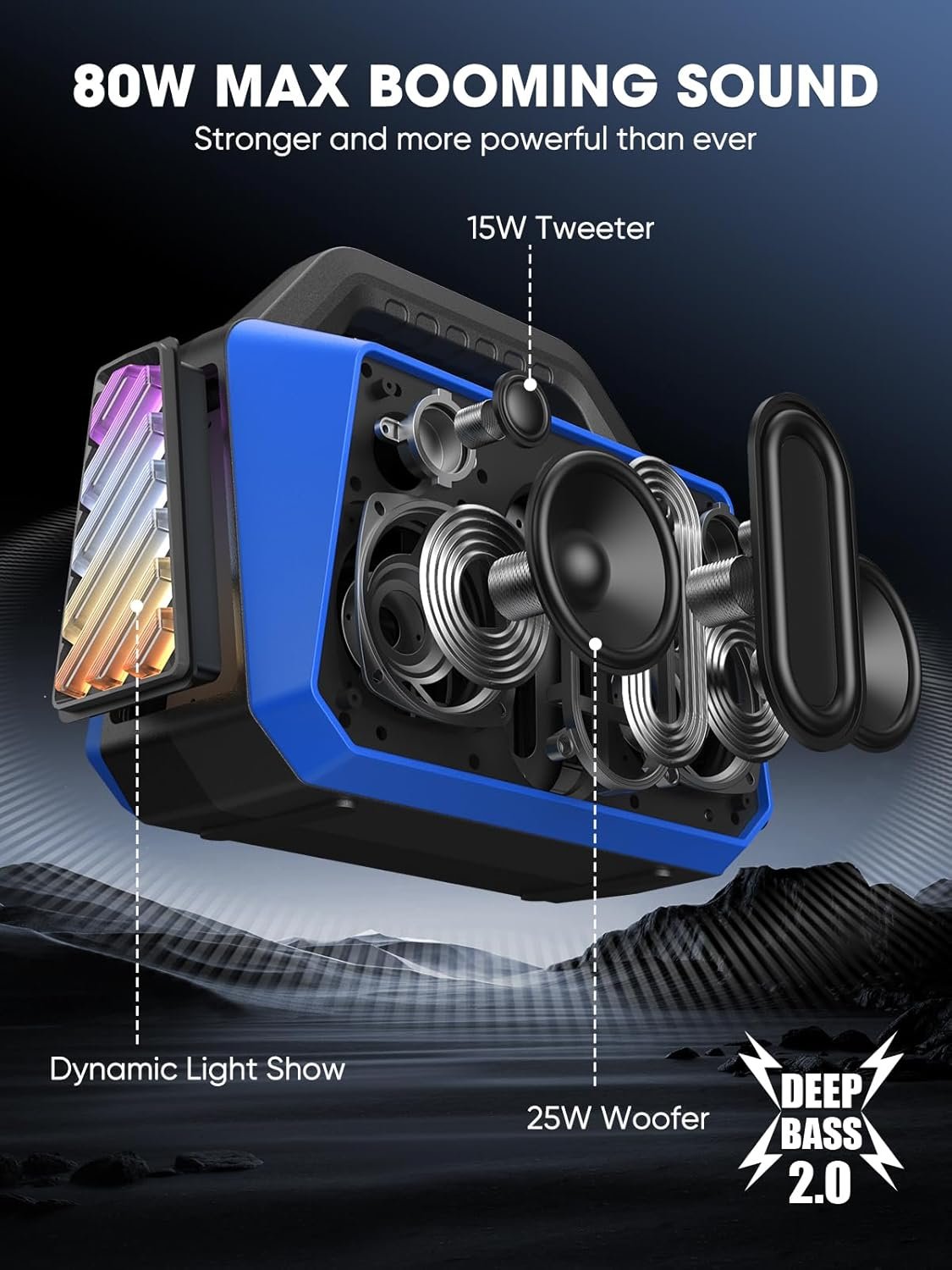Portable Bluetooth Speakers Loud - Wireless Speaker 80W Peak, Light Show, 20H Playtime, Strong Bass, BT 5.3, TWS, IPX6 Waterproof for Outdoor Travel Beach Camping - Blue - Image 2
