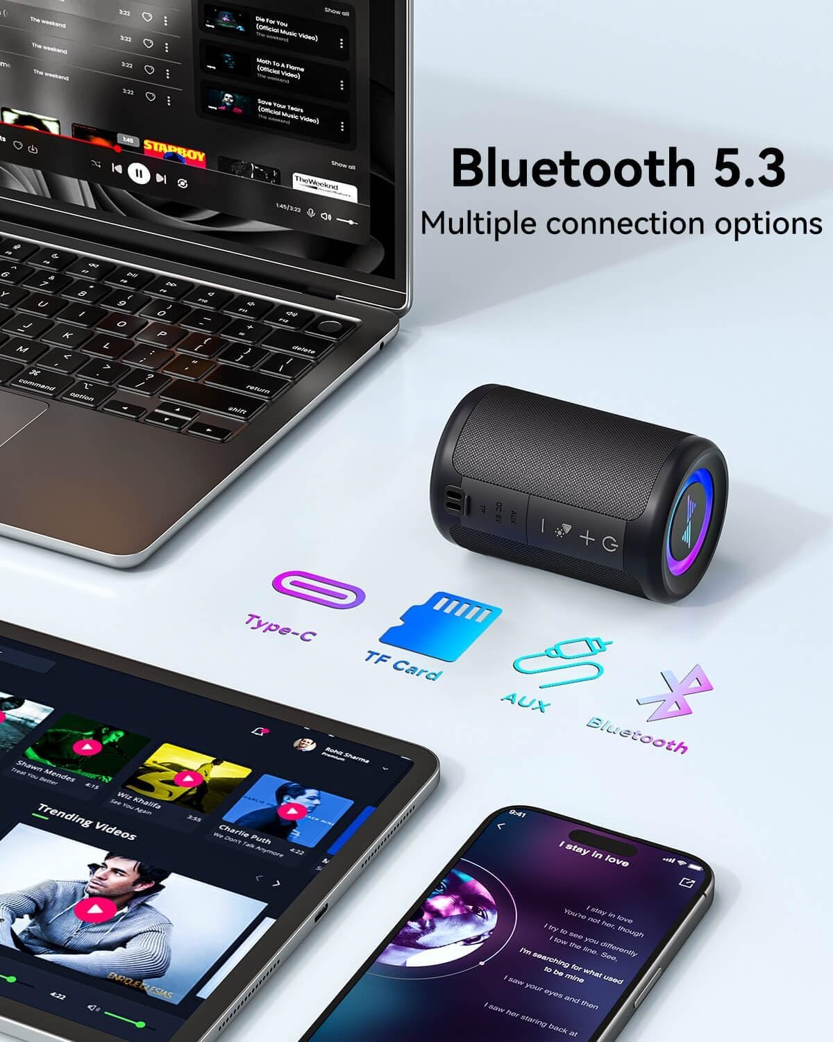 LENRUE Small Portable Bluetooth Speaker with Lights, TWS Stereo Surround Sound, Type C Powered, Bluetooth 5.3, AUX TF Card Input, Wireless for Outdoor Home, Coolest Gifts - Image 5
