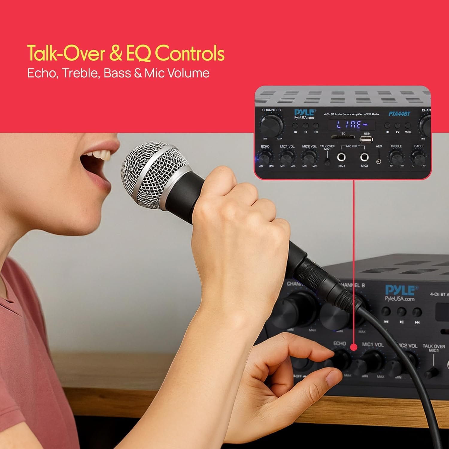 Pyle 4-Channel Audio Amplifier with Bluetooth - Home Stereo Receiver w/ 500W Max Power - Commercial or Karaoke - Dual Mic Input with Echo, Vol, Talk-Over - AUX In - Sub Out - USB-A MP3 Player, AM/FM - Image 5