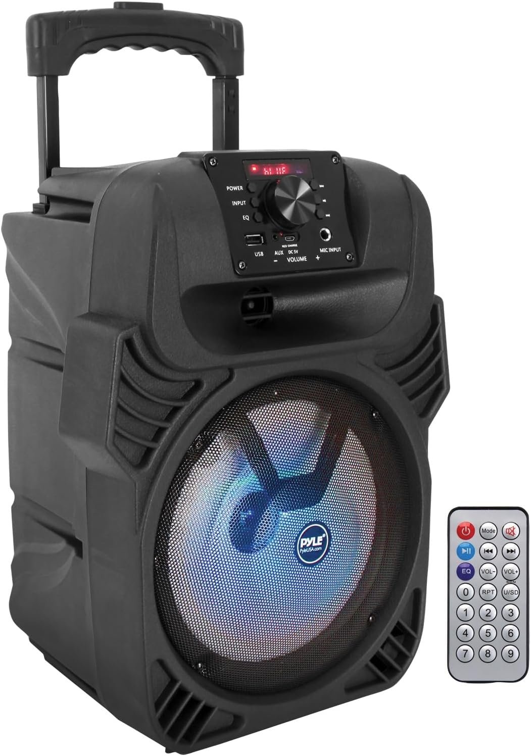 Pyle 8" Portable Bluetooth PA Speaker - 500W Rechargeable Indoor/Outdoor Karaoke Machine Sound System - Multi-Color LED Party Lights, Mic Input, FM Radio, MP3/USB & Remote Control (Black)
