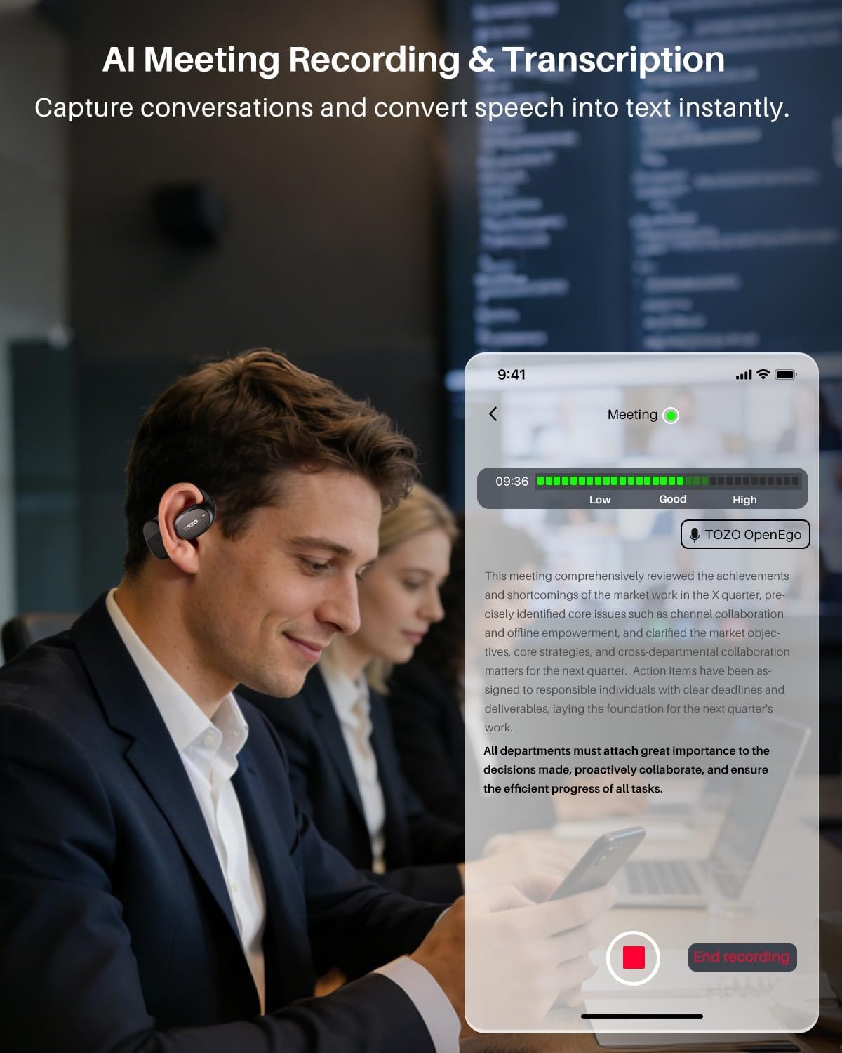 TOZO Real-Time AI Translation Earbuds, 80H Playtime Translator Ear Buds, Digital Display, AI Clear Calls, Comfortable Wear Open Ear Earbuds, AI Bluetooth Headphone for Travel Meeting Learning, Black - Image 6