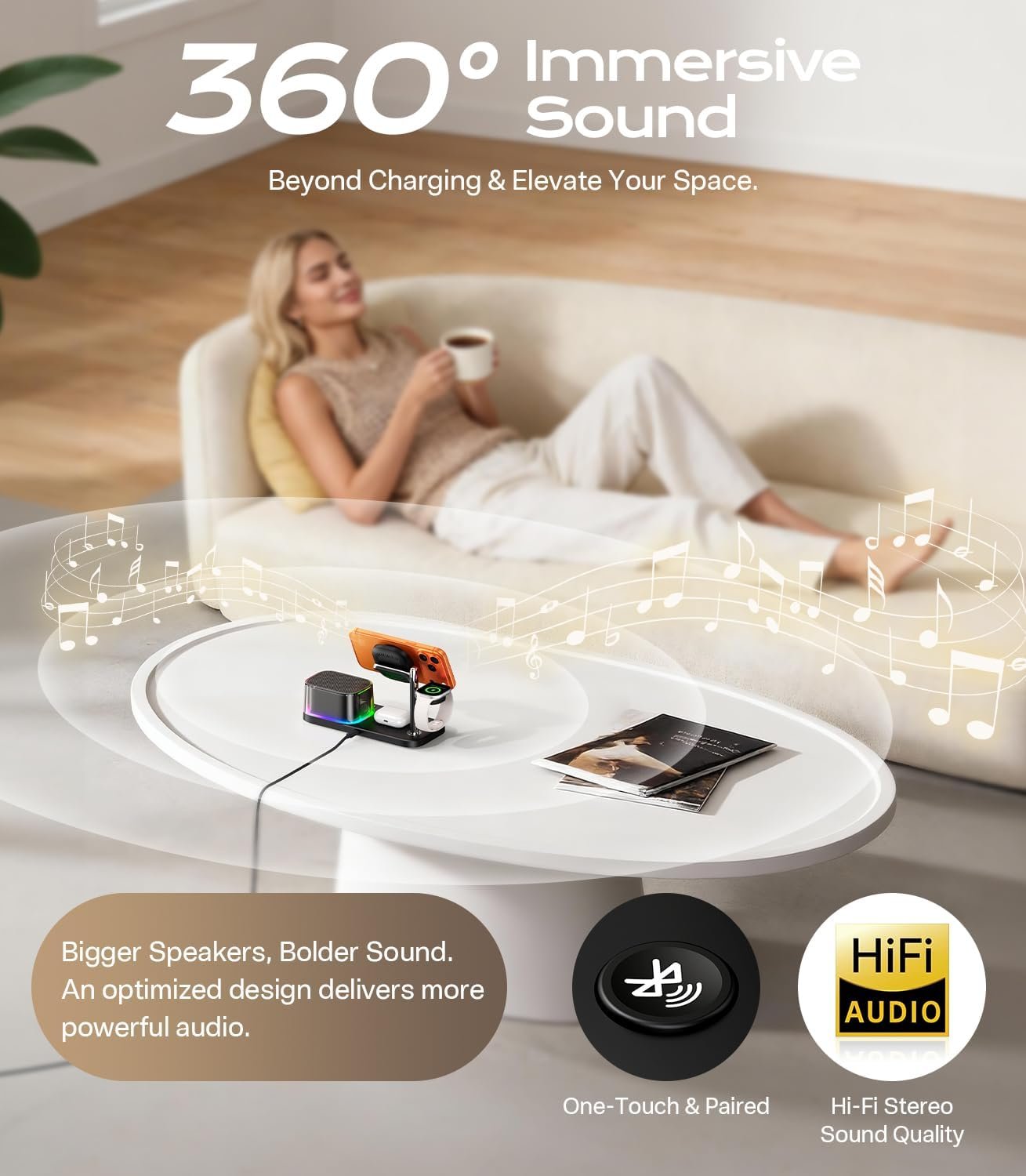 45W 5 in 1 Charging Station with Bluetooth Speaker and Alarm Clock & Night Light, Qi2.2 25W Fast Wireless Charger for MagSafe Charger for iPhone 17/S26 Ultra, Charger Stand for Apple Watch & AirPods - Image 7