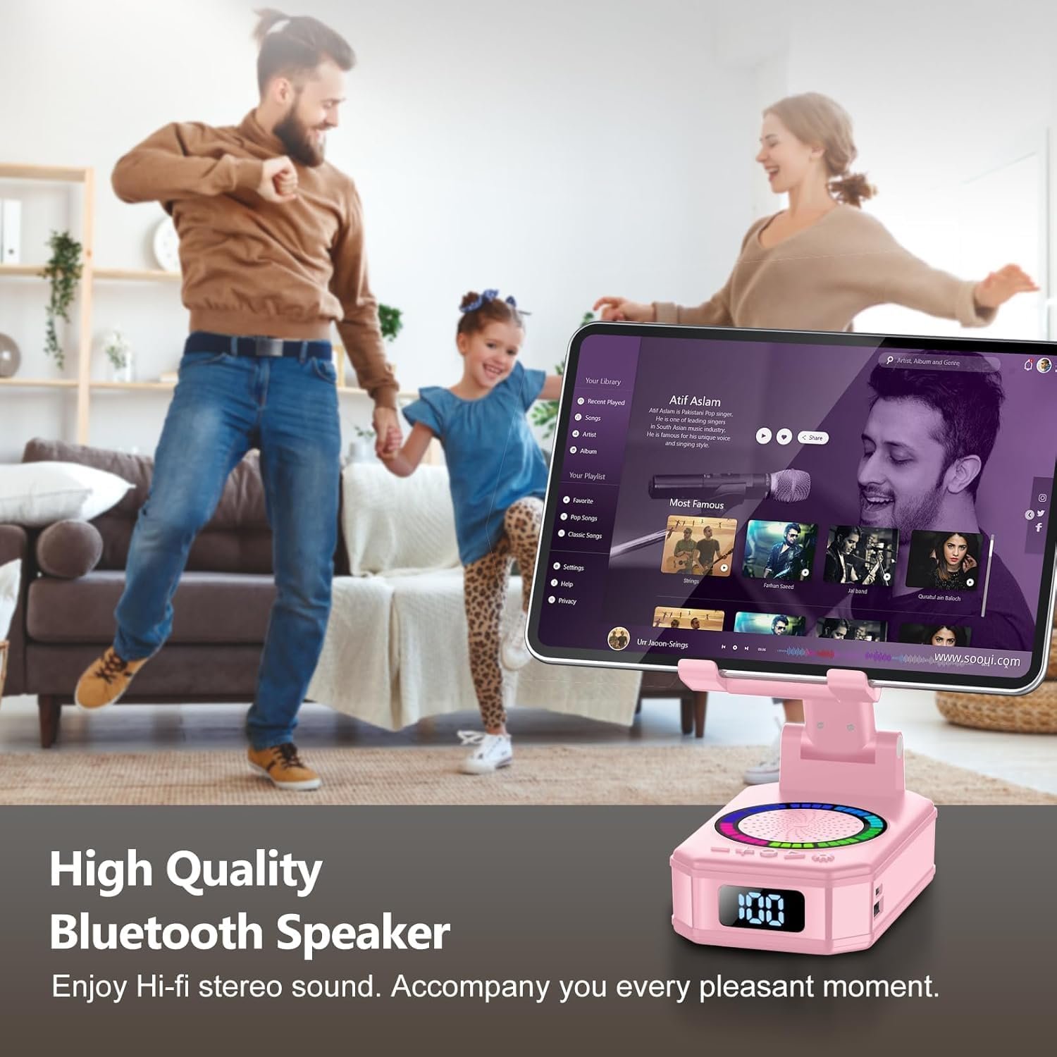 Cell Phone Stand with Wireless Bluetooth Speaker and 8 RGB Ambient Light, Anti-Slip Base HD Surround Sound, Rechargeable Home and Outdoors Bluetooth Speaker Gifts for Women Pink - Image 3