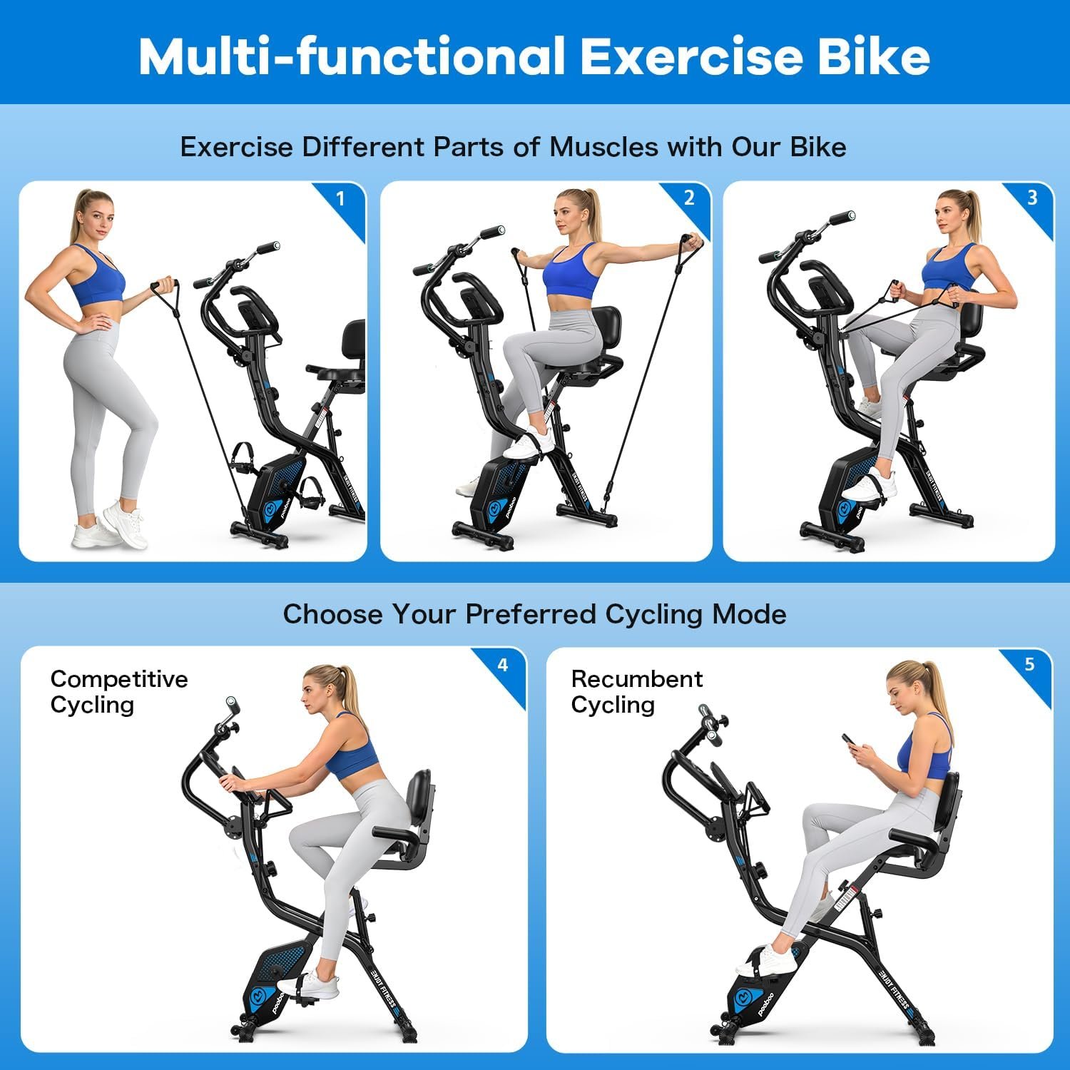 pooboo Folding Exercise Bike, Foldable Upright Stationary Bike, Indoor Cycling Magnetic X-Bike with 8-Level Adjustable Resistance, 6.6 LBS Flywheel, 300LB Capacity, Back Support Cushion for Home Gym - Image 3