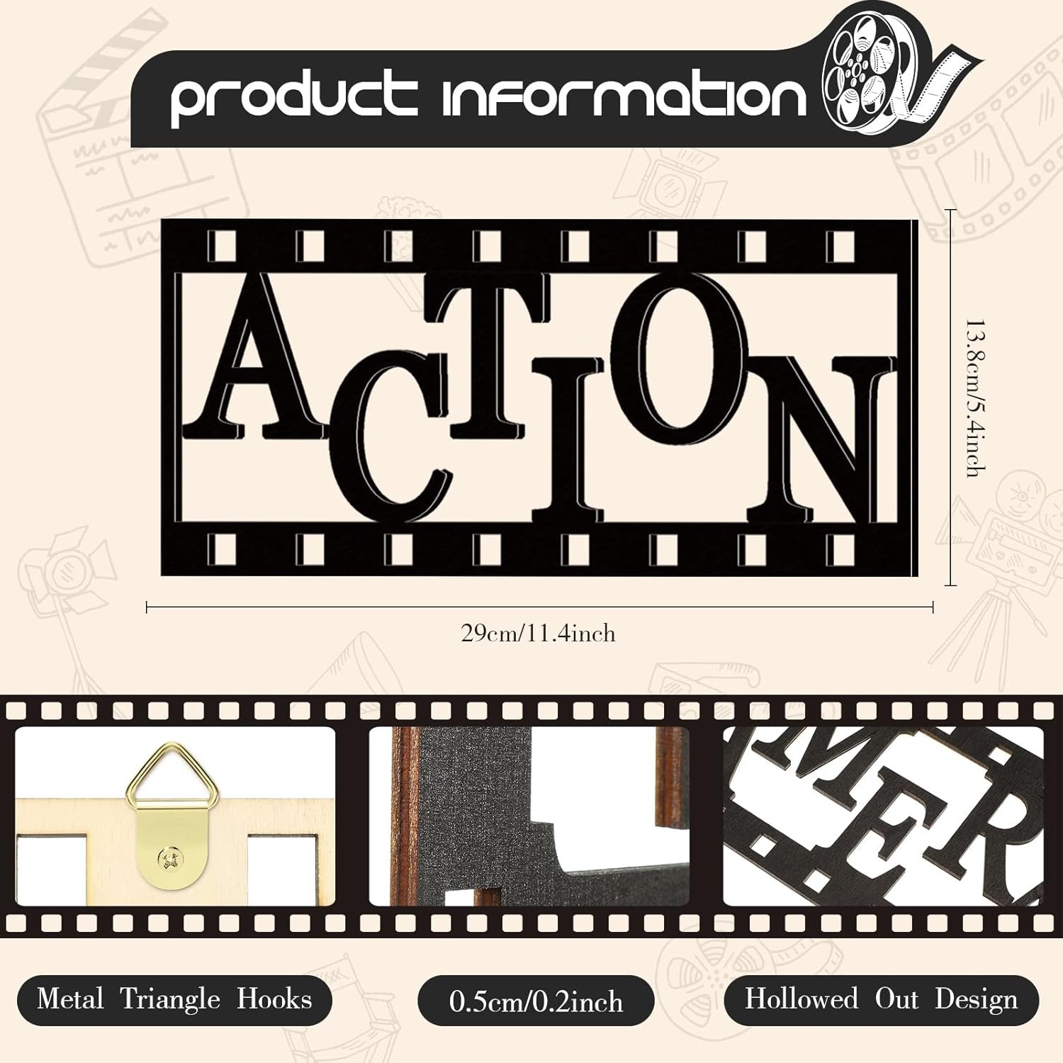 Yookeer 3 Pieces Home Movie Theater Room Decor Cinema Wall Art Wooden Reel Wall Sign Home Theater Action Sign Cinema Movie Film Wall Decoration(11.4 Inch,Simple Style) - Image 2