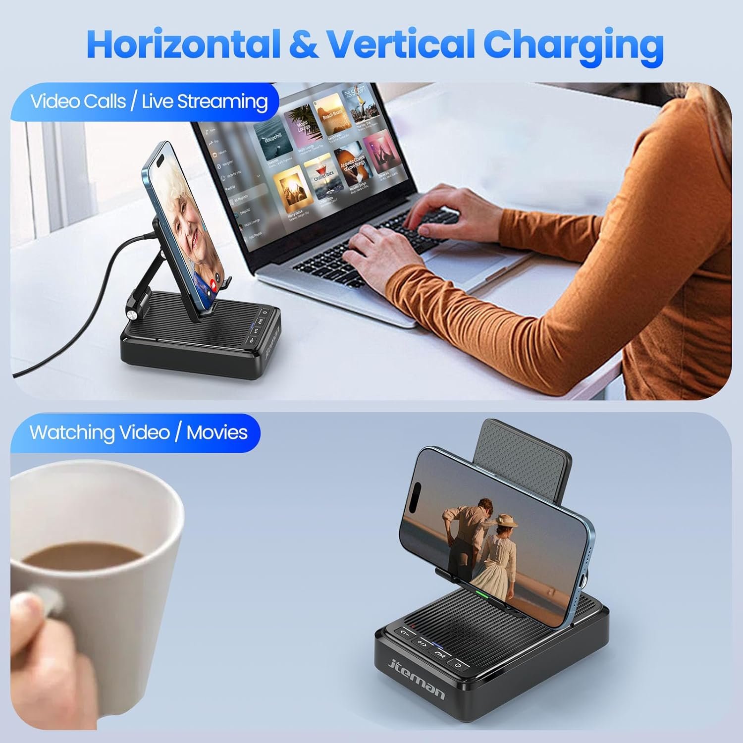 Jteman Cell Phone Stand with Bluetooth Speaker and Wireless Charger, Desktop Charging Station Stand Speaker for iPhone, Christmas Birthday Gift for Men Women (Black) - Image 8