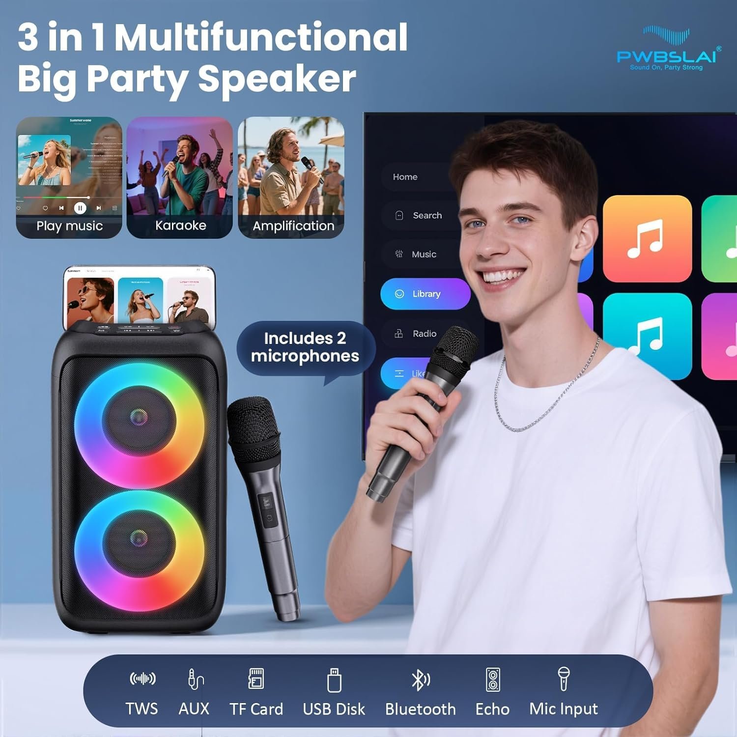 Bluetooth Speaker with 2 Wireless Microphones - Big Party Speaker for Adults Kids Karaoke with Lights - Portable Rechargeable Floorstanding Speakers Support TWS/AUX/USB/TF Card for Home Party Gift - Image 2