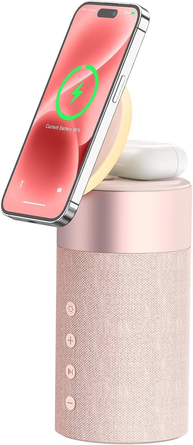 COLSUR Bluetooth Speaker, Magnetic Wireless Charger, Bluetooth Speakers with Night Light, 2 in 1 Wireless Charging Station for iPhone 17/16/15/14/13/12 Series, AirPods Pro 2/4/3/2(Gift Ideal) (Pink)