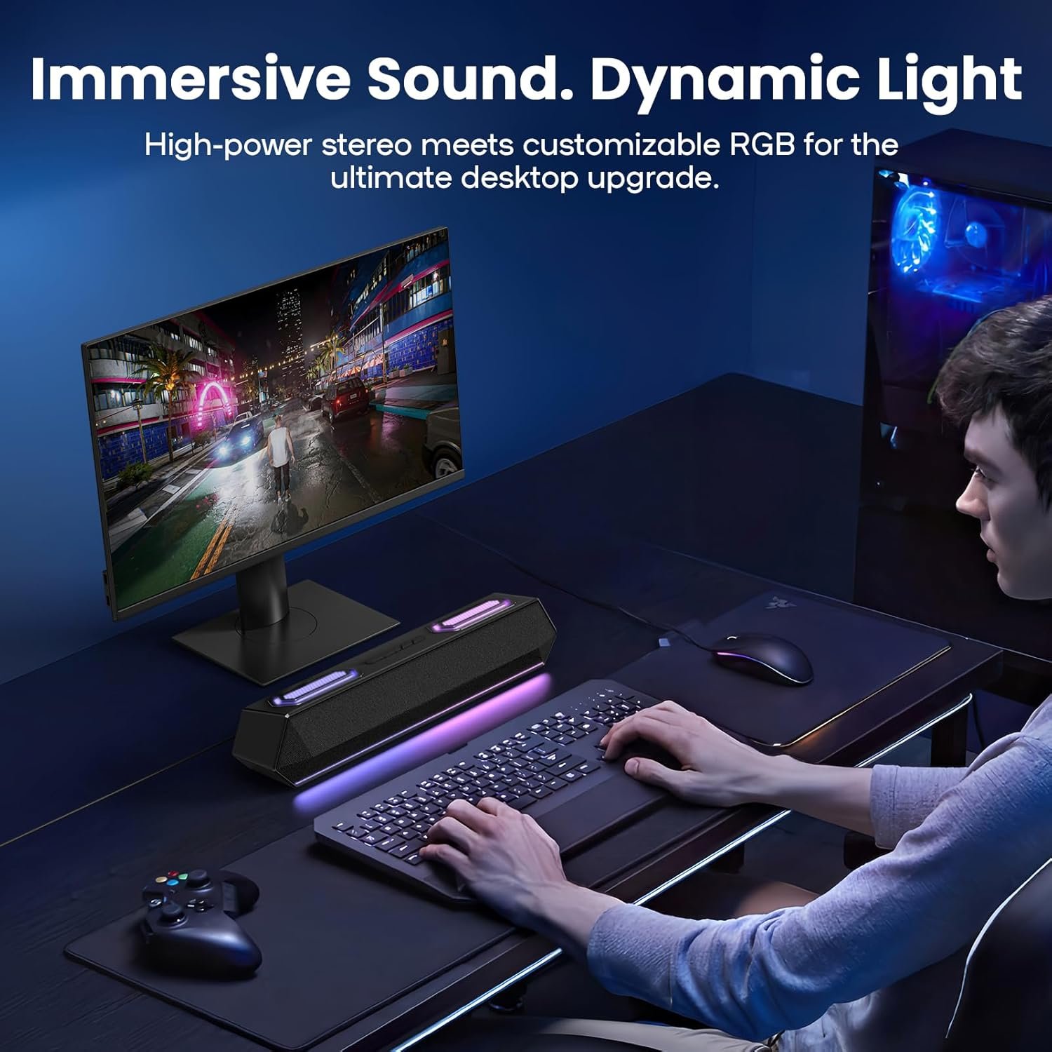 Deeyaple Computer Speakers, 40W PC Speakers for Desktop Monitor with Bluetooth 5.3 & USB Audio, HiFi Stereo Gaming Soundbar with Custom EQ Software, Dynamic RGB Lighting for Laptop, PS4, PS5, Black. - Image 9