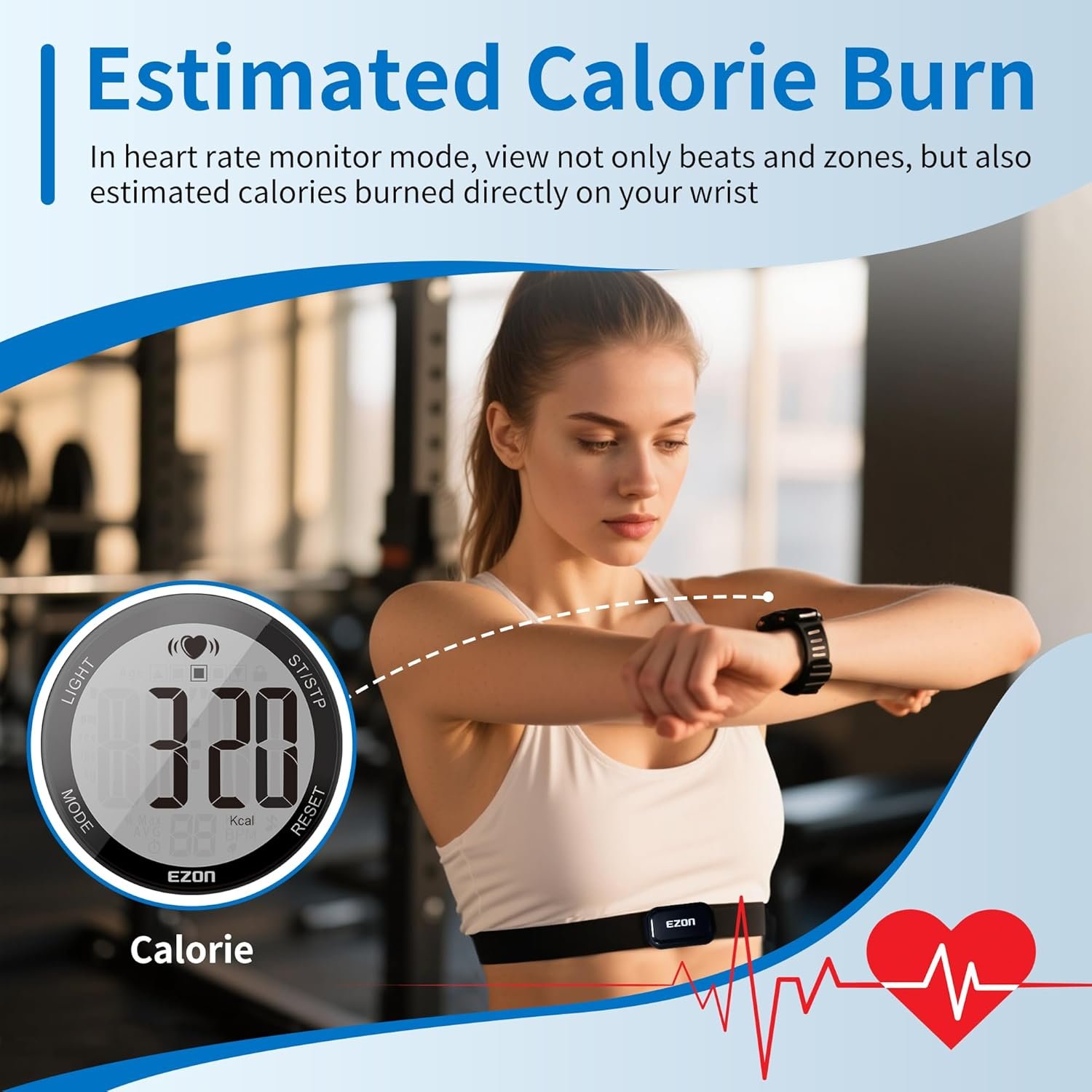 EZON Heart Rate Monitor Chest Strap and Digital Watch T037,5ATM Waterproof Fitness Tracker with HRM,Calories Burned,Stopwatch and Hourly Chime (Watch Band Included) - Image 6