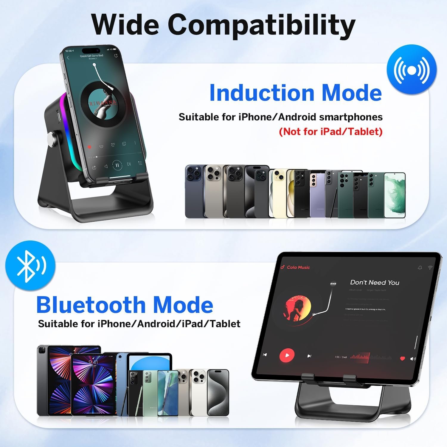 Wireless Induction Speaker 5-in-1 Bluetooth Speaker with Phone Stand,Stereo Sound, 3500mAh Rechargeable, 8 RGB Ambient Light, 360° Adjustable Holder for iPhone/Android/iPad,Gifts for Men Women (Black) - Image 7