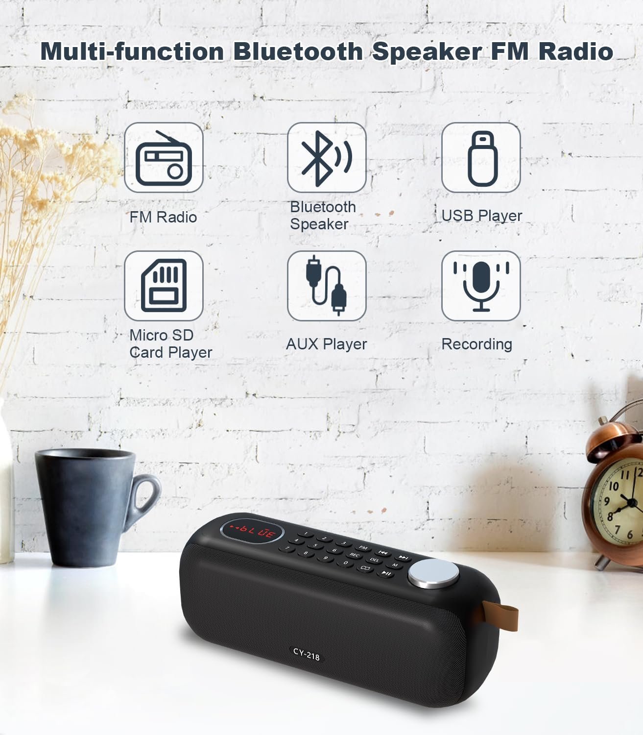 Portable Bluetooth Speaker FM Radio Digital, Support USB/SD Card MP3 Music Player/AUX/REC, Build-in 3000mAh Rechargeable Battery, 10W Powerful Speaker and Earphone Jack for Indoor Outdoor - Image 2