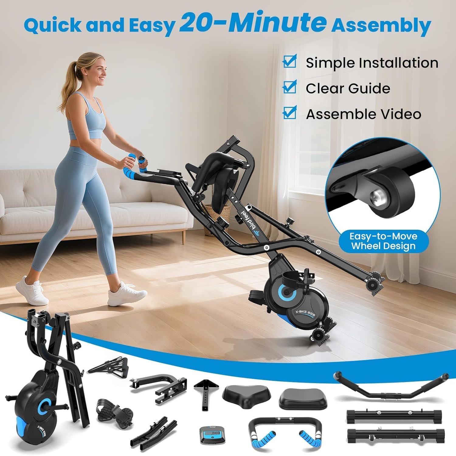 Foldable Exercise Bike, Multifunctional Indoor Stationary Bikes for Home with 8-Level Magnetic Resistance, Quiet Workout Bike with Arm Resistance Bands, LCD Monitor, 300LBS Capacity - Image 7