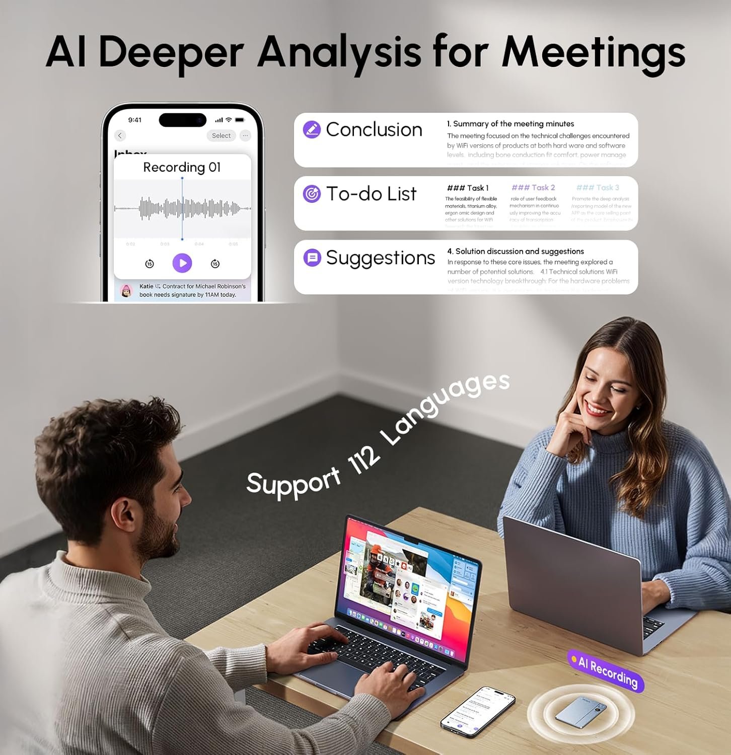 AI Voice Recorder & Transcriber with GPT-5.2 Analysis – 30-Hour Recording, 112-Language Speech-to-Text & Auto Summary for Meetings, Lectures & Interviews,Grey - Image 7