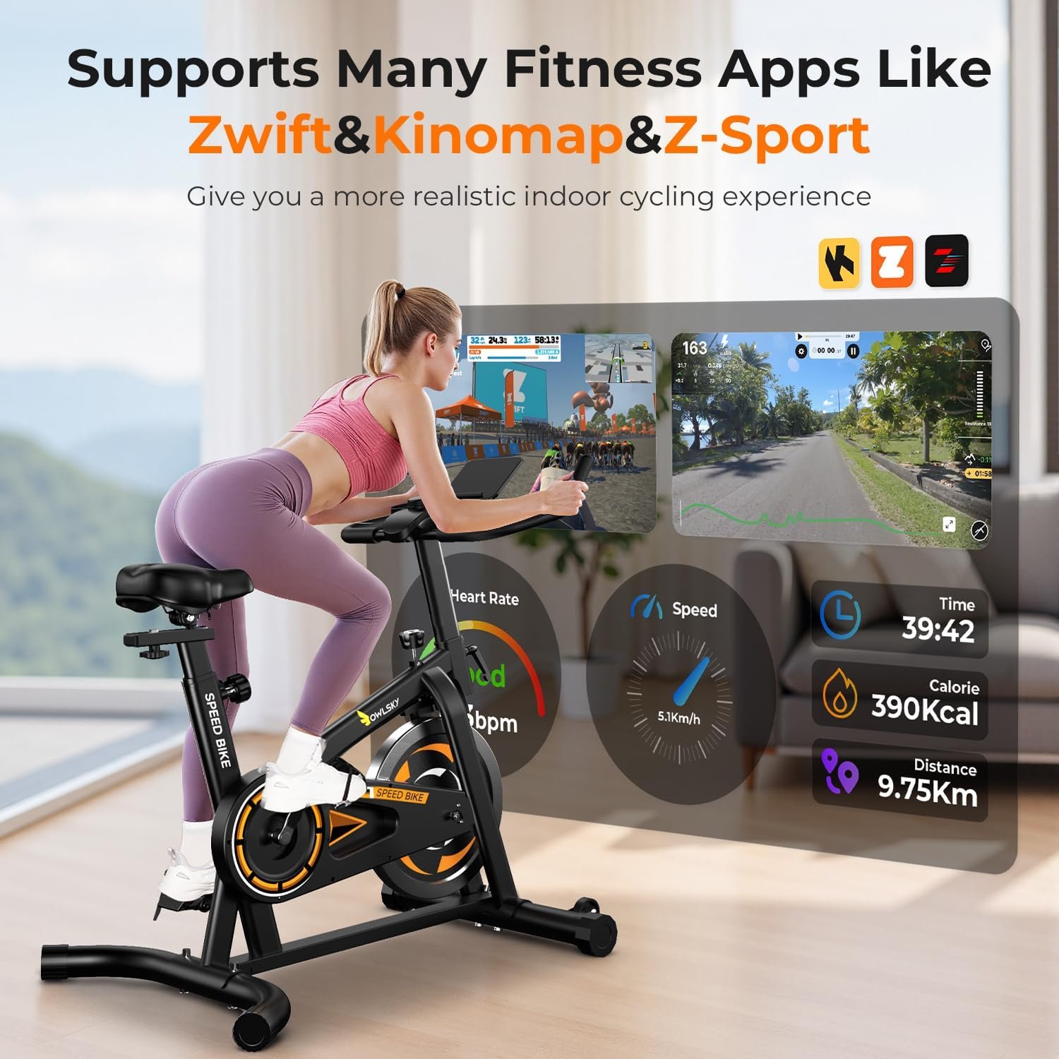 OWLSKY Exercise Bike with APP,Indoor Cycling Bike, 300 lbs Capacity Quiet Stationary Bike for Home Gym, Cardio Bike Workout, Adjustable Seat & Tablet Holder - Image 2