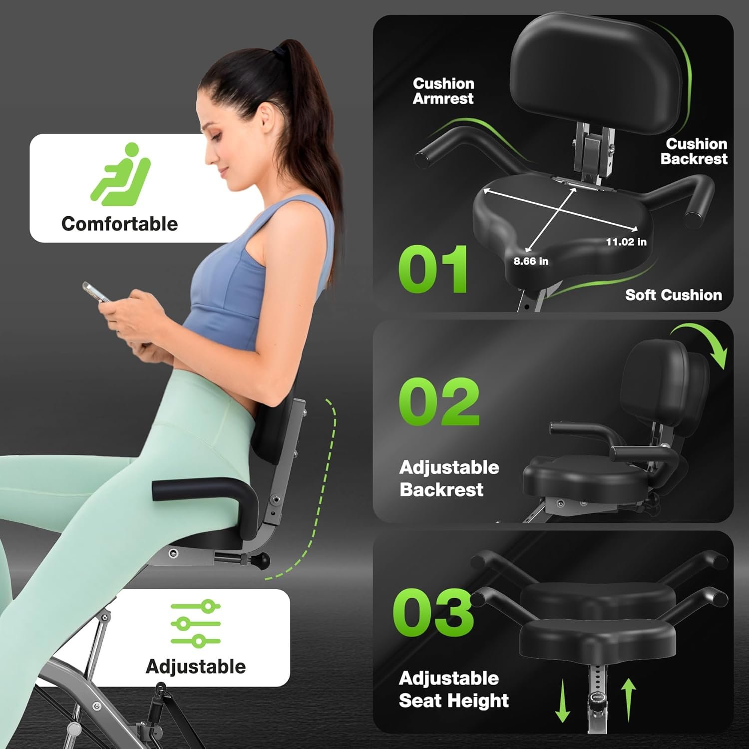 Exercise Bike, 5 in 1 Foldable Stationary Bike for Seniors, 16-Level Adjustable Magnetic Resistance, Indoor Workout Bike with 330LB Capacity, Comfortable Seat Backrest X-bike - Image 4
