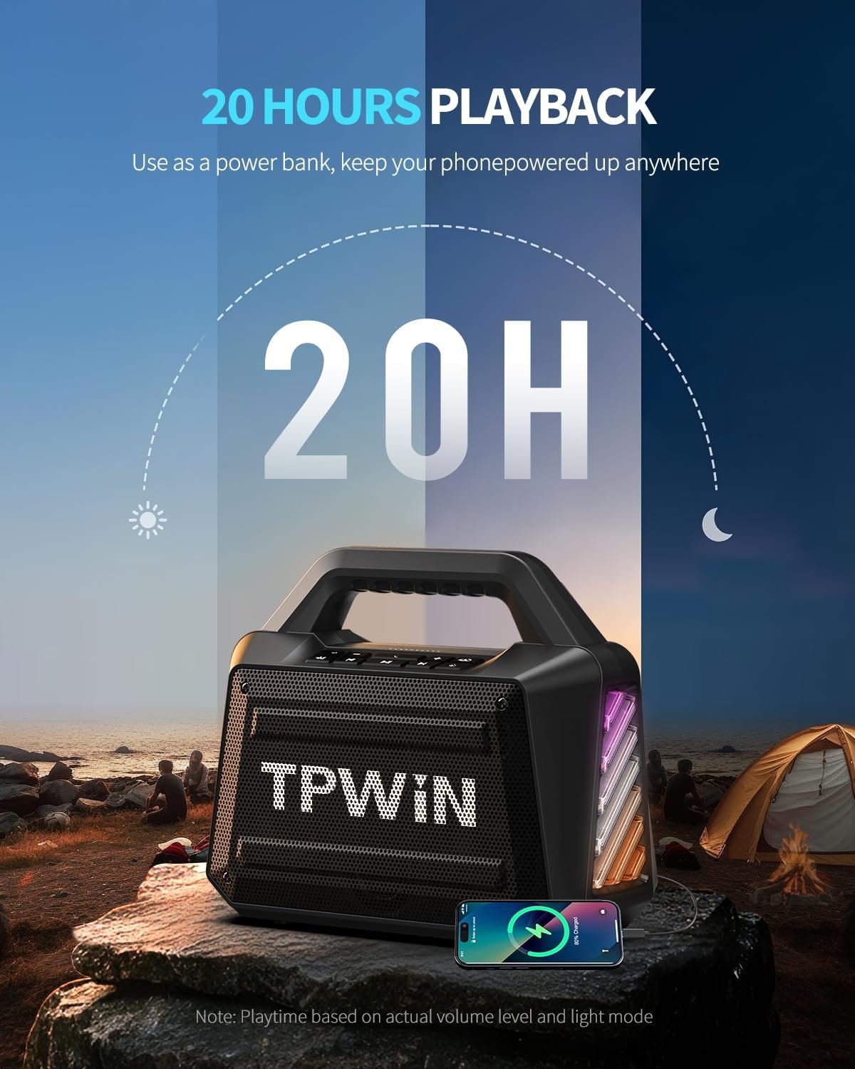 Bluetooth Speaker - 80W Loud Rugged Outdoor Speakers, IPX6 Waterproof, 20H Playtime, Deep Bass, Lightshow, TWS, BT 5.3 Wireless, Portable for Travel Hiking Camping Beach Pool - Black - Image 5