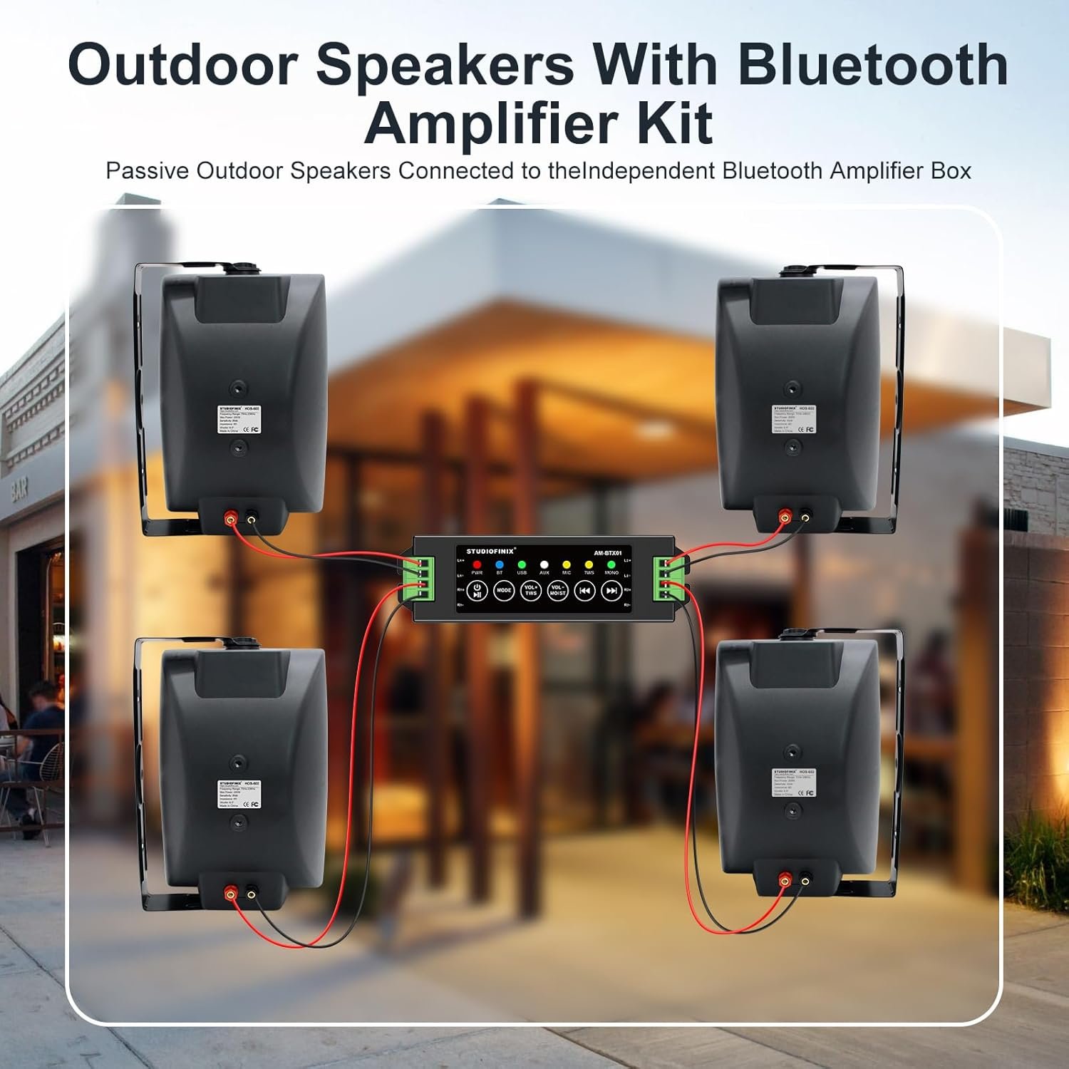 6.5 Inch Max 800W Outdoor Bluetooth Speakers Waterproof Wired with Multifunctional Amplifier Wall Mount Outdoor Speaker System for Patio Garden Poolside Home(4 Speakers,Black) - Image 4