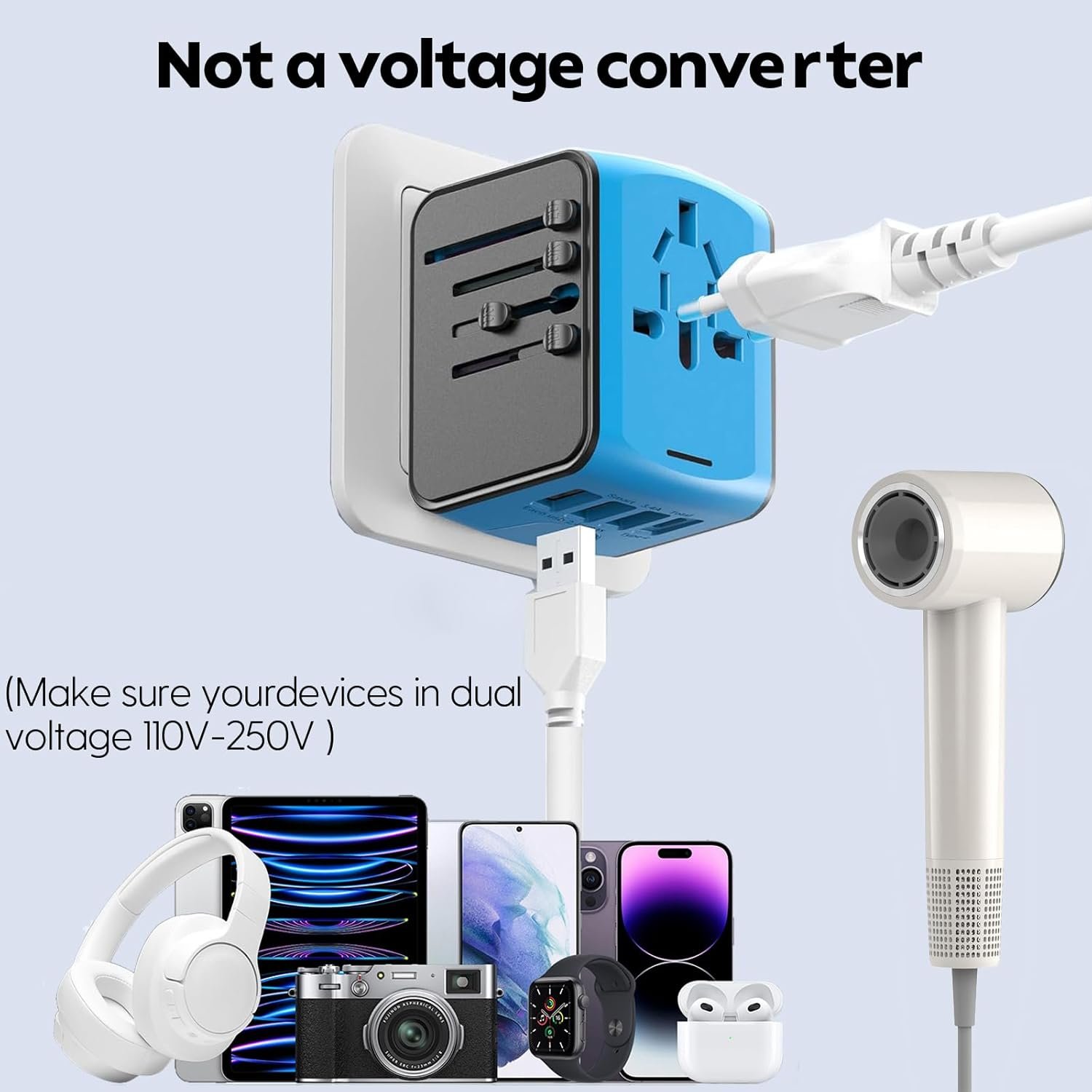 JMFONE Universal Travel Adapter, 4 USB C/A Ports & 2500W AC Outlets, All-in-One International Power Plug Adapter for All USB Devices, Worldwide Travel Charger for Europe US UK AU 200+ Countries (Blue) - Image 3